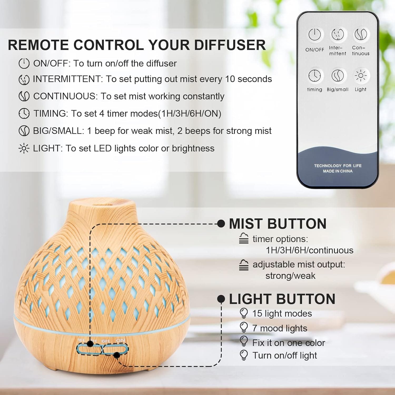 Remote-controlled diffuser with mist on a table