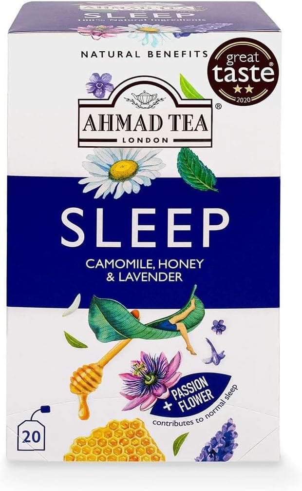 Ahmad Sleep Tea box with chamomile, honey, lavender, and passion flower