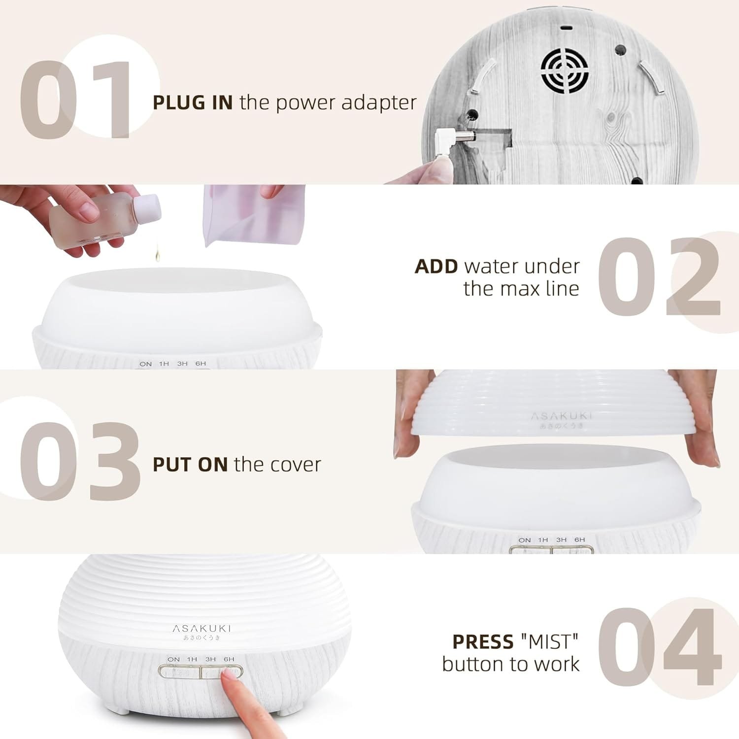 ASAKUKI 300ml aromatherapy diffuser with LED lights and timer