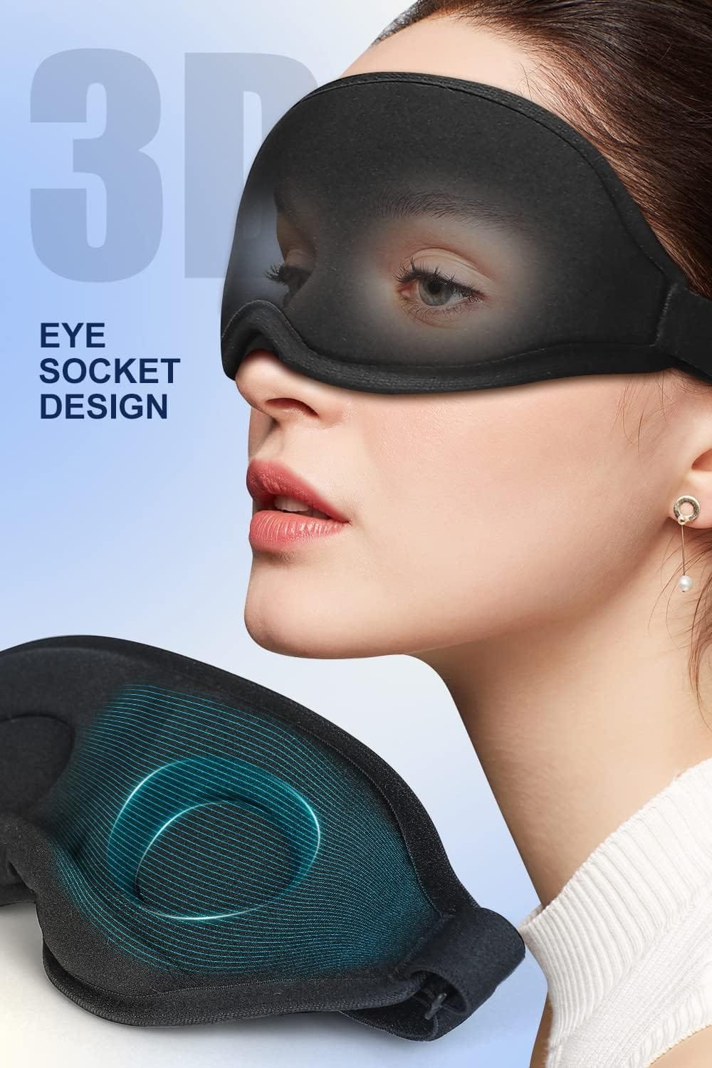 Black and dark grey sleep masks shown with earplugs
