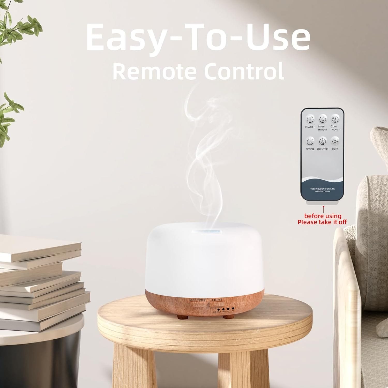 Ultrasonic diffuser with remote on wooden table