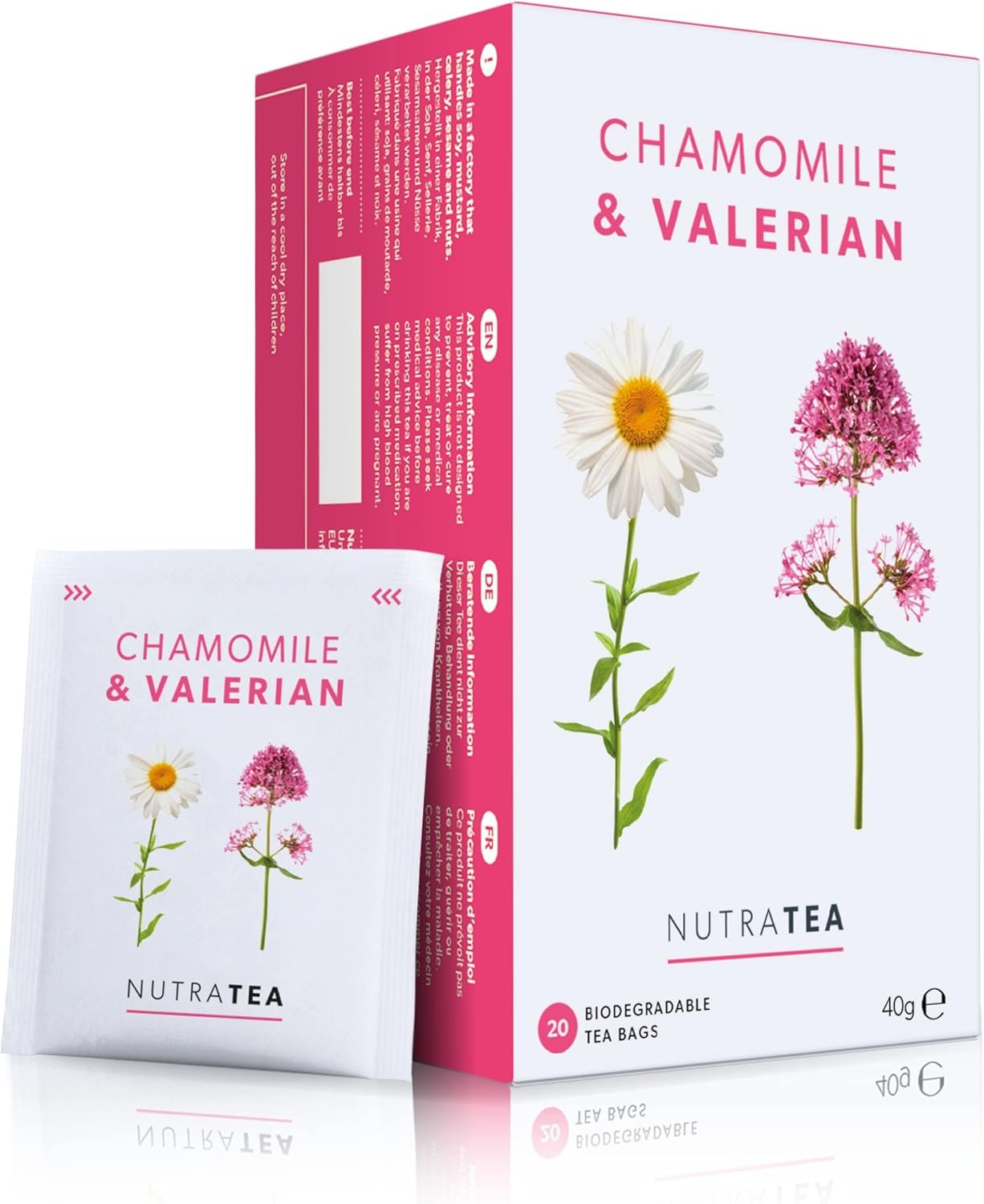 Nutra Tea Chamomile and Valerian Tea box with natural sleep aid labeling