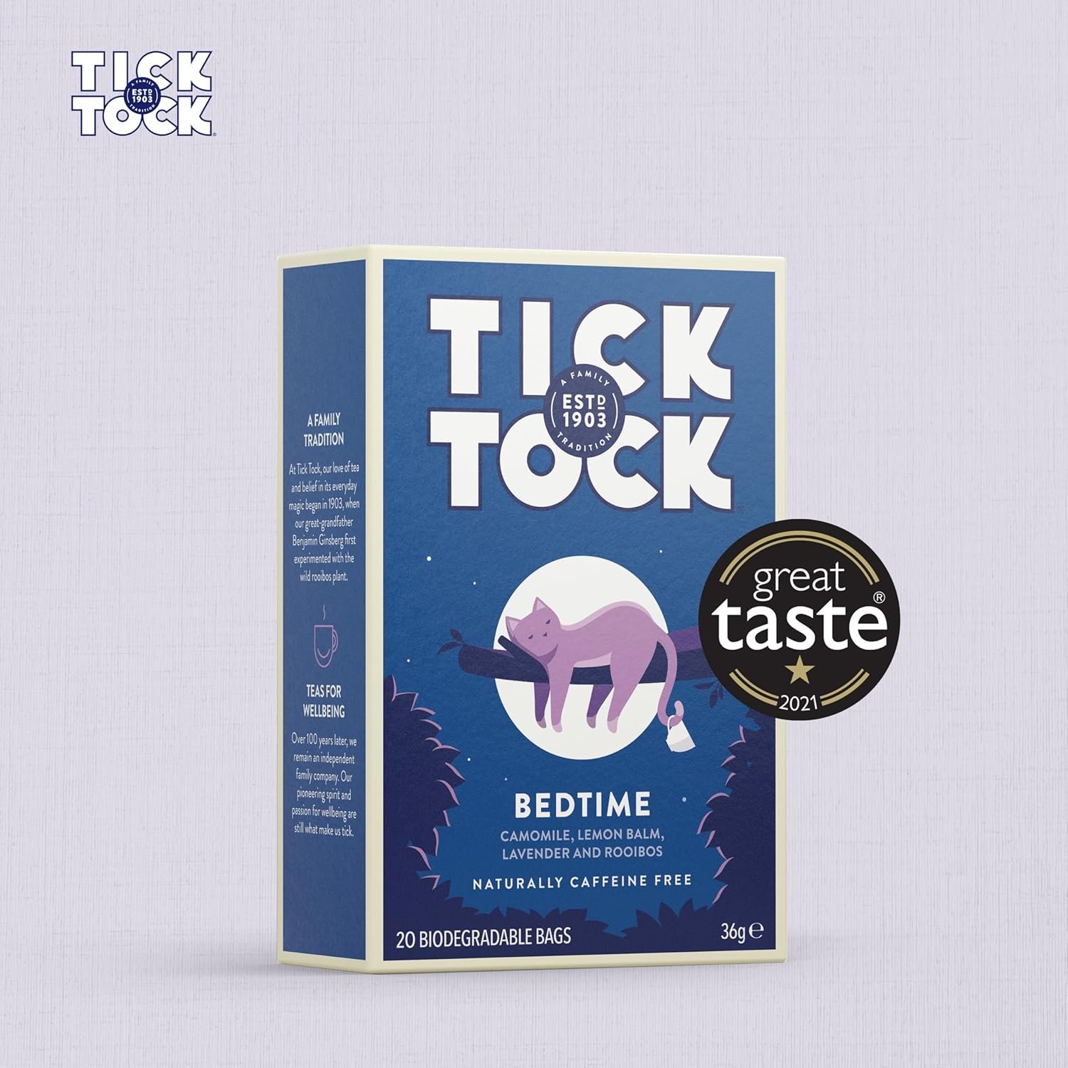 Tick Tock Bedtime Tea with camomile, lemon balm, lavender, and rooibos