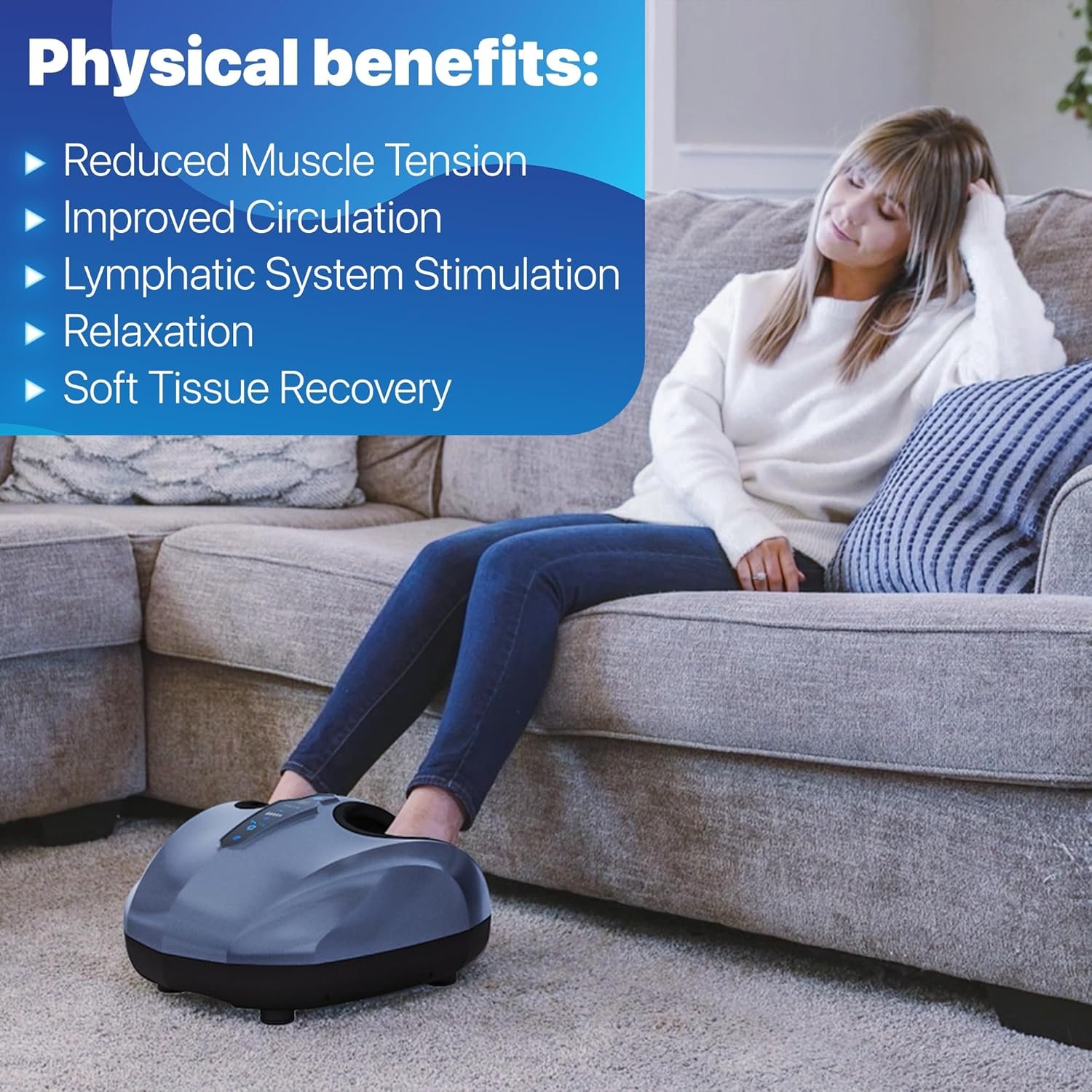 Woman using electric foot massager to relax after work – best electric foot massagers UK