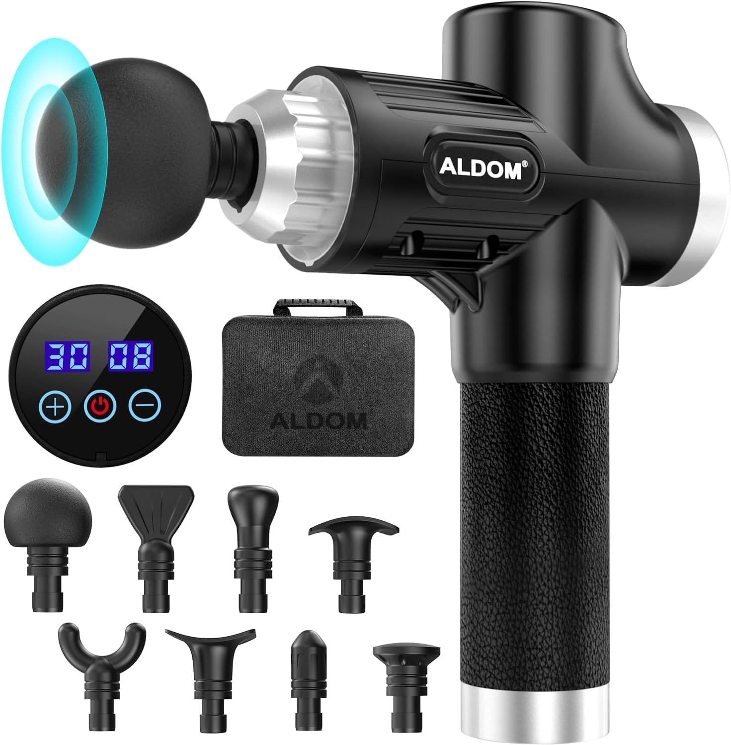 ALDOM massage gun with touchscreen and 8 head attachments
