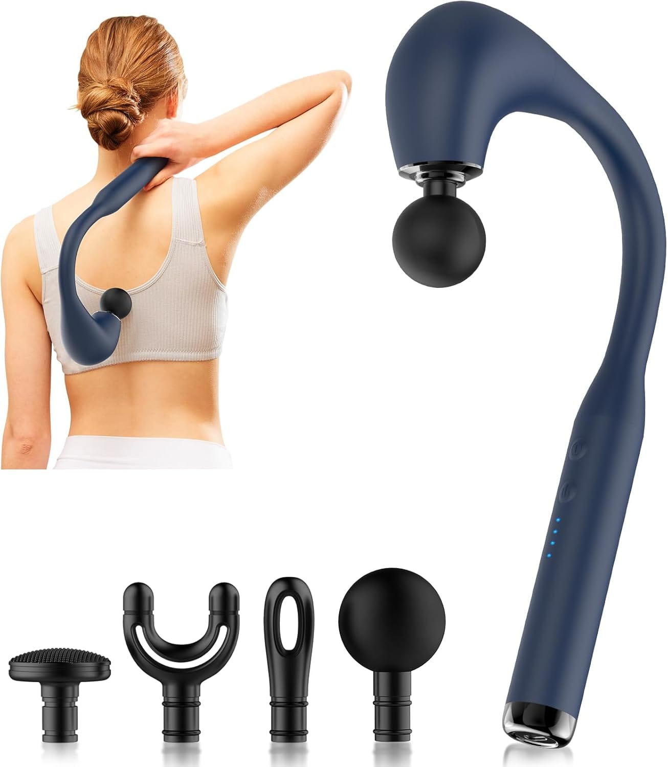 Woman using a long handle massage gun on her upper back with multiple massage heads shown below