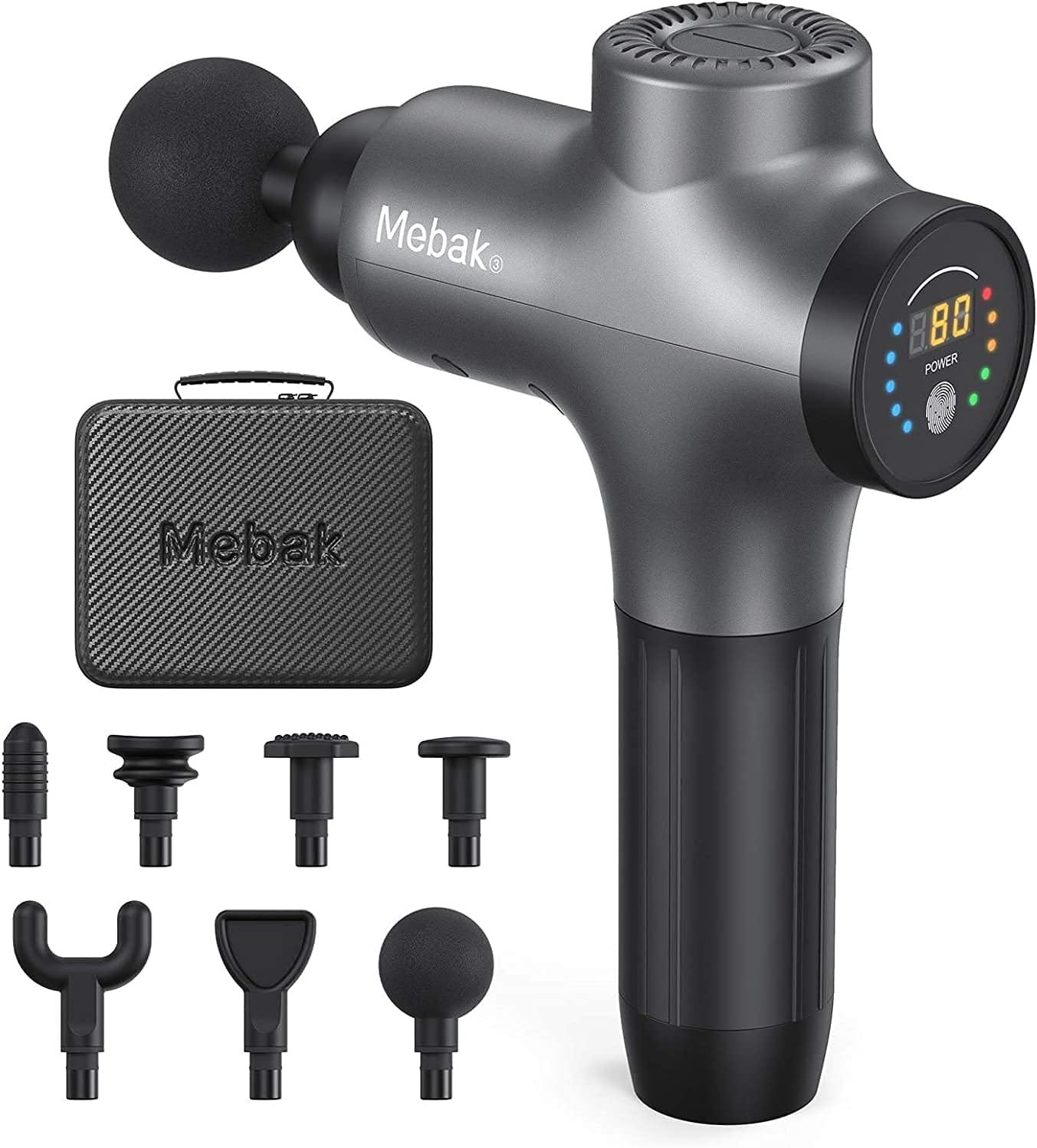 Mebak 3 massage gun with touchscreen and 7 head attachments