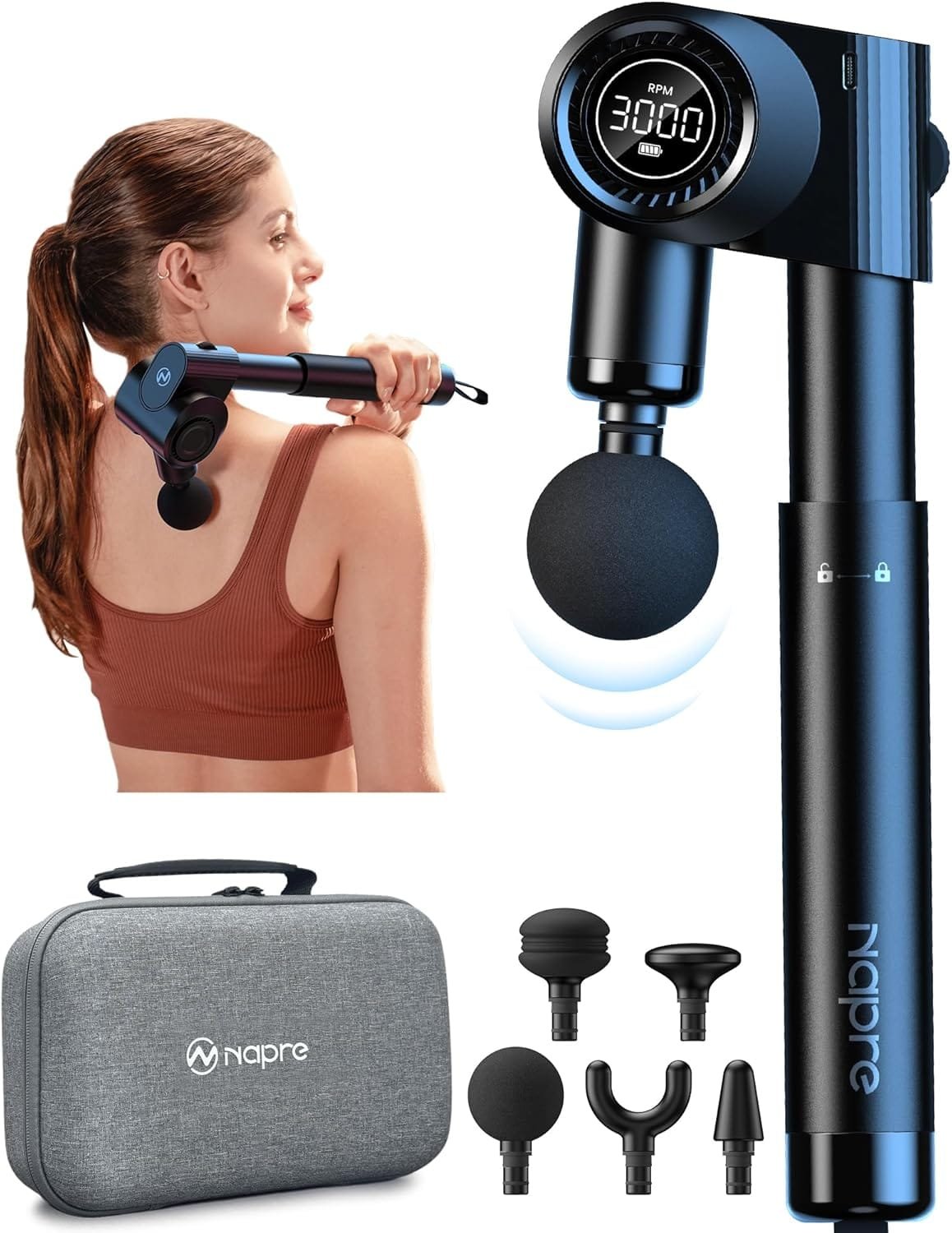 Napre foldable massage gun with adjustable arm and metal handle