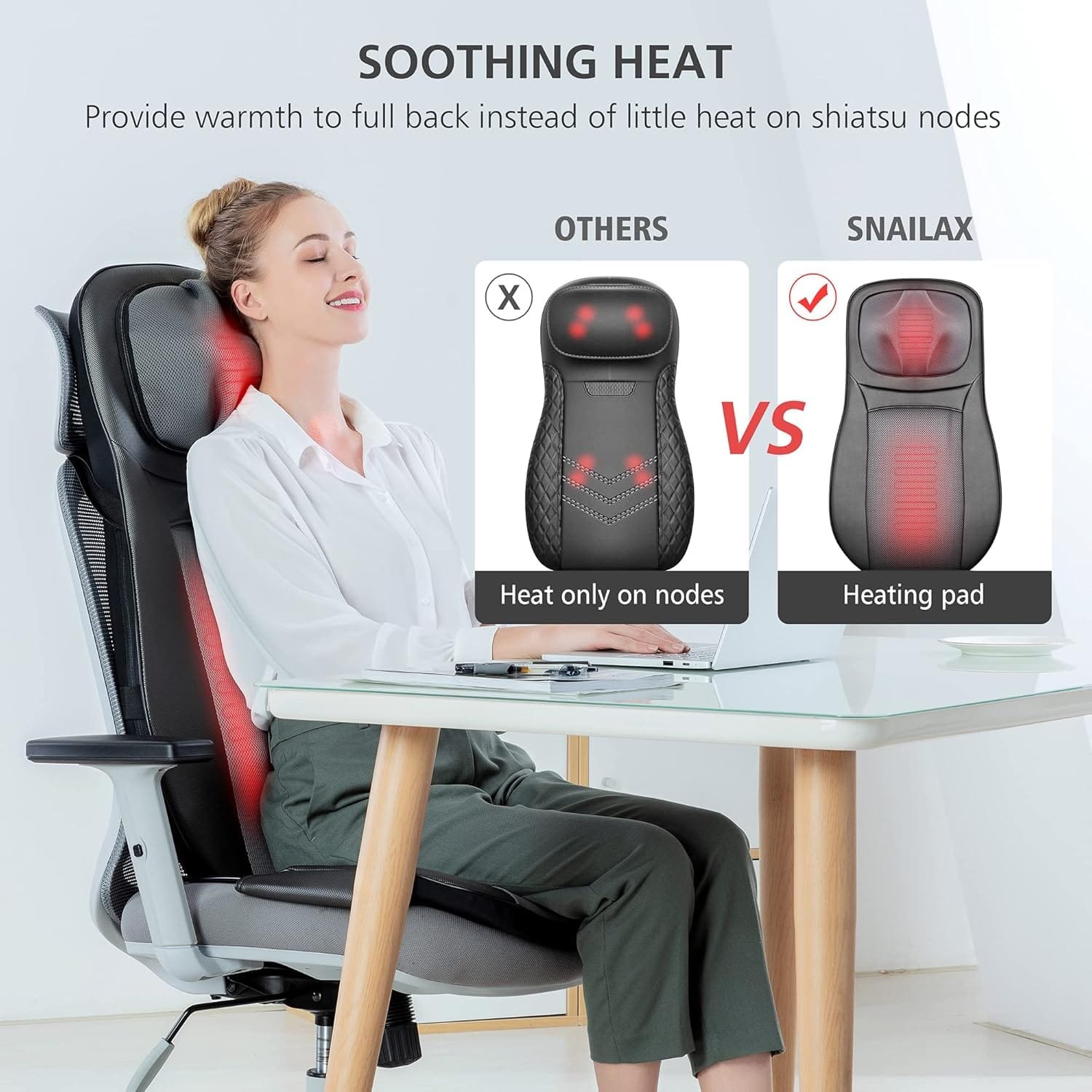 Snailax shiatsu Neck & Back Massager with Heat, Full Back Kneading Shiatsu or Rolling Massage, Massage Chair pad with Height Adjustment, Back Massager...