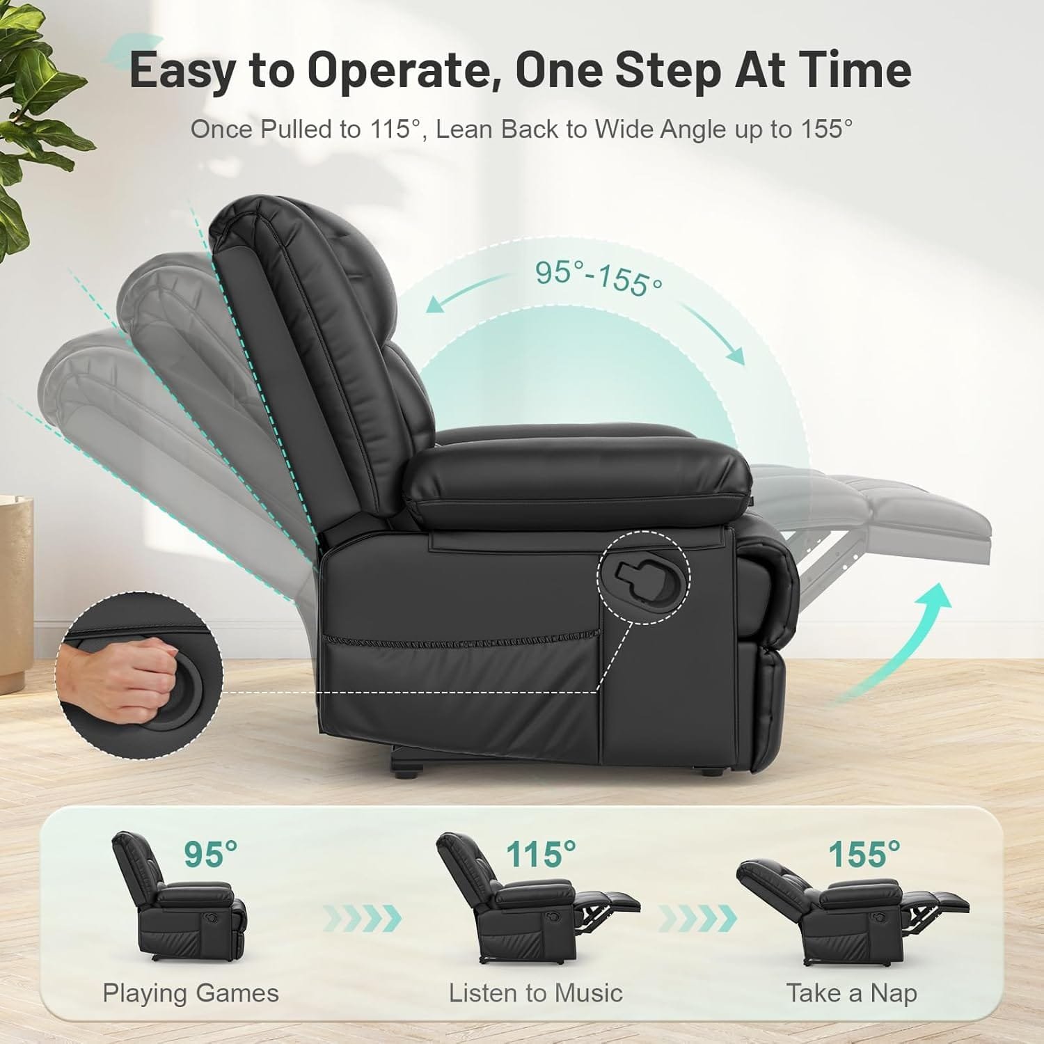 sisolos Recliner Armchair for Adults, Recliner Chair with Massage & Heat, Padded Armrest Adjustable Legrest Backrest, Manual Lazy Boy Reclining Chair