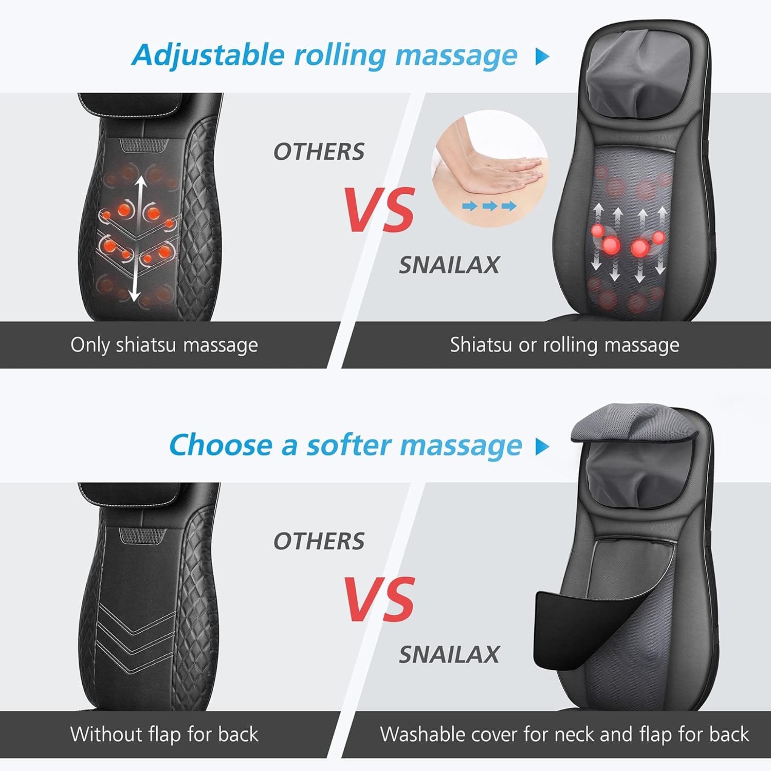Snailax shiatsu Neck & Back Massager with Heat, Full Back Kneading Shiatsu or Rolling Massage, Massage Chair pad with Height Adjustment, Back Massager...