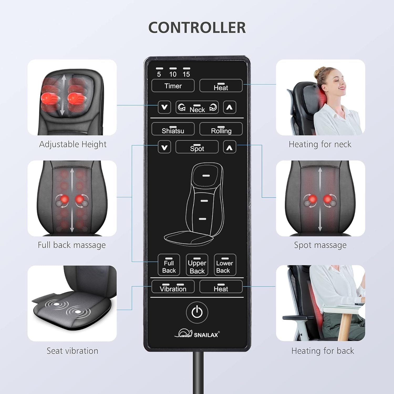 Snailax shiatsu Neck & Back Massager with Heat, Full Back Kneading Shiatsu or Rolling Massage, Massage Chair pad with Height Adjustment, Back Massager...