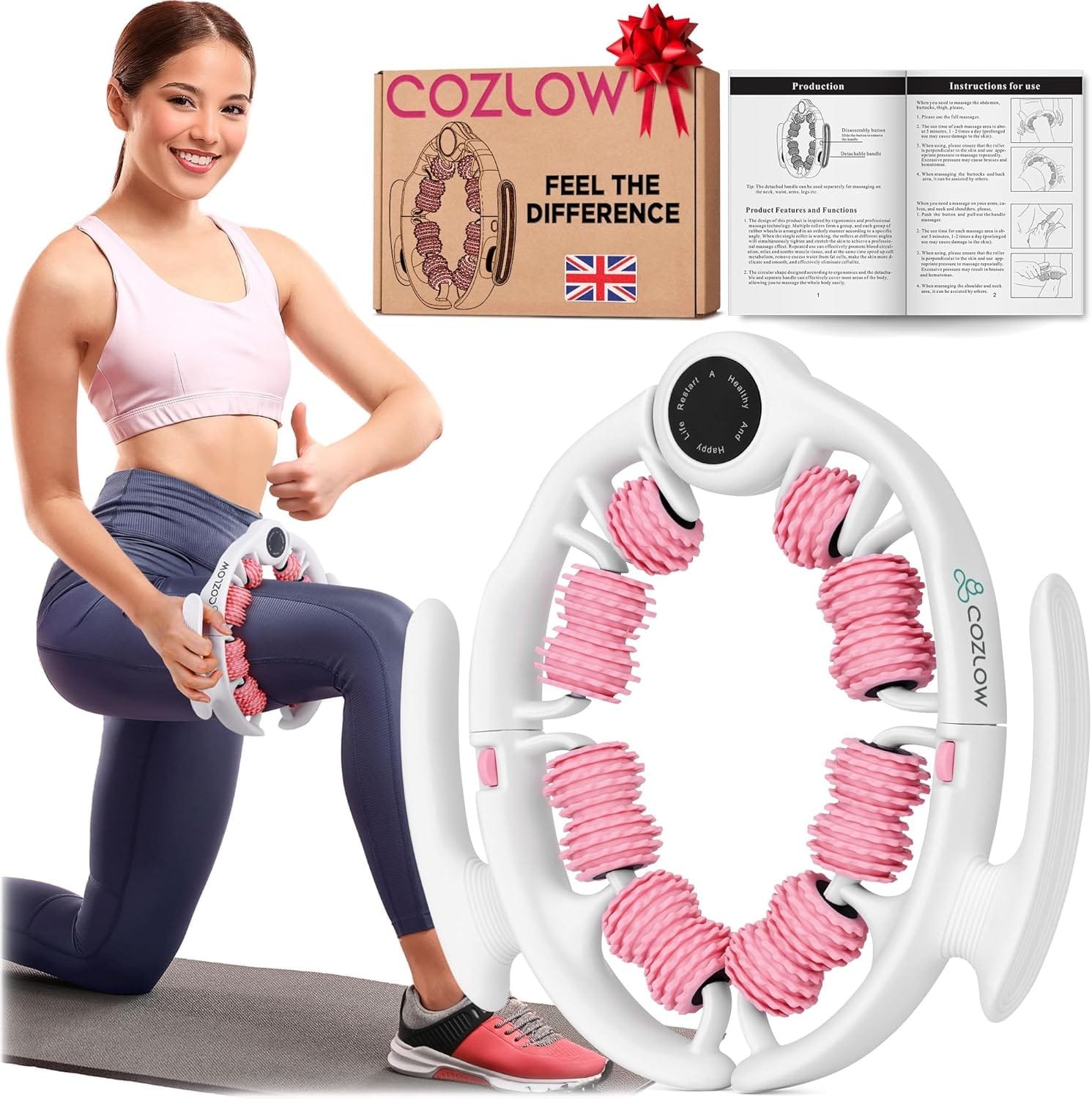 Cellulite Massage Roller - Pink - Anti-Cellulite Massager with Detachable Roller Handles for Thighs, Legs & Buttocks - Fascia Massage Tool for Lymphatic...