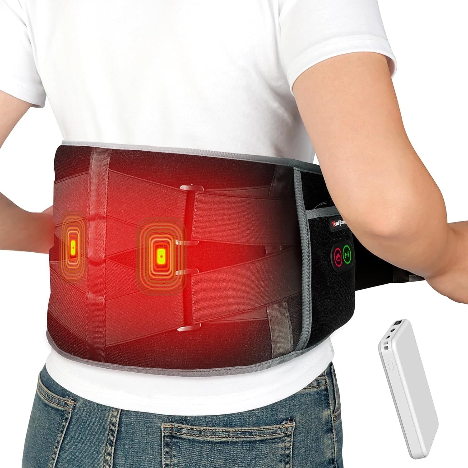 Comfytemp Cordless Back Heat Pad with Massager for Pain Relief, Portable Heated Warmer with Dual Adjustable Straps, Waist Belt for Period, Lower Back...