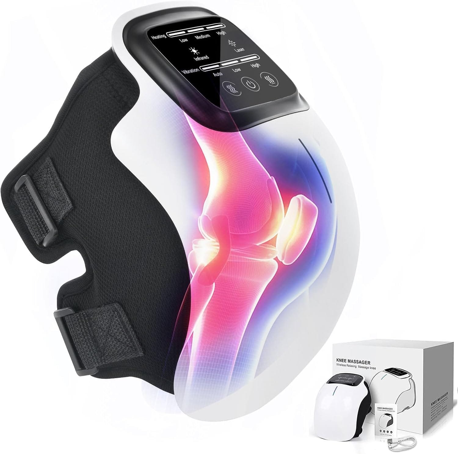 Ongerce Knee Massager, Heated Brace with Infrared and Vibration, Portable Massager for Father's Day Pain Relief, 3000mAh Battery Rechargeable, LED