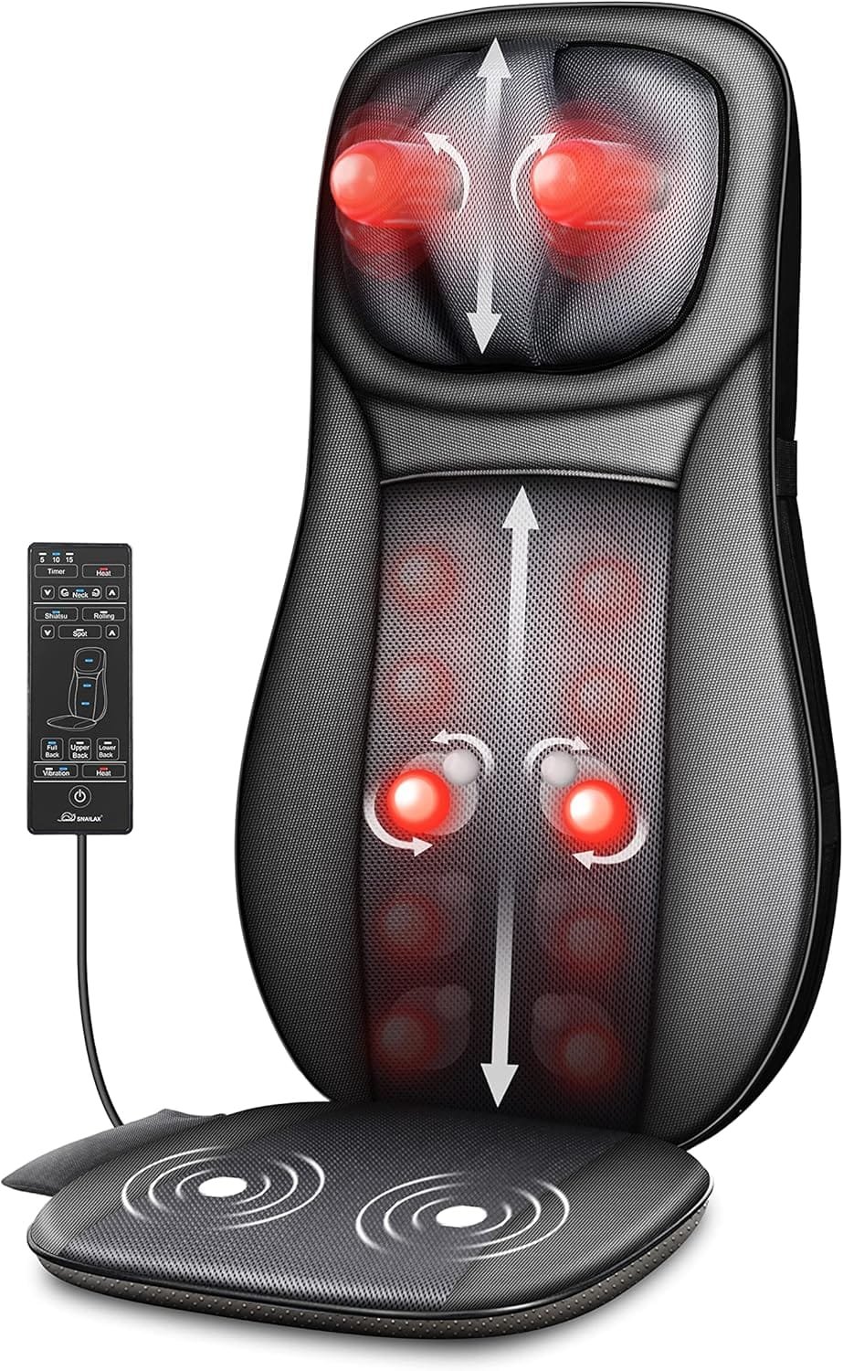 Snailax shiatsu Neck & Back Massager with Heat, Full Back Kneading Shiatsu or Rolling Massage, Massage Chair pad with Height Adjustment, Back Massager...