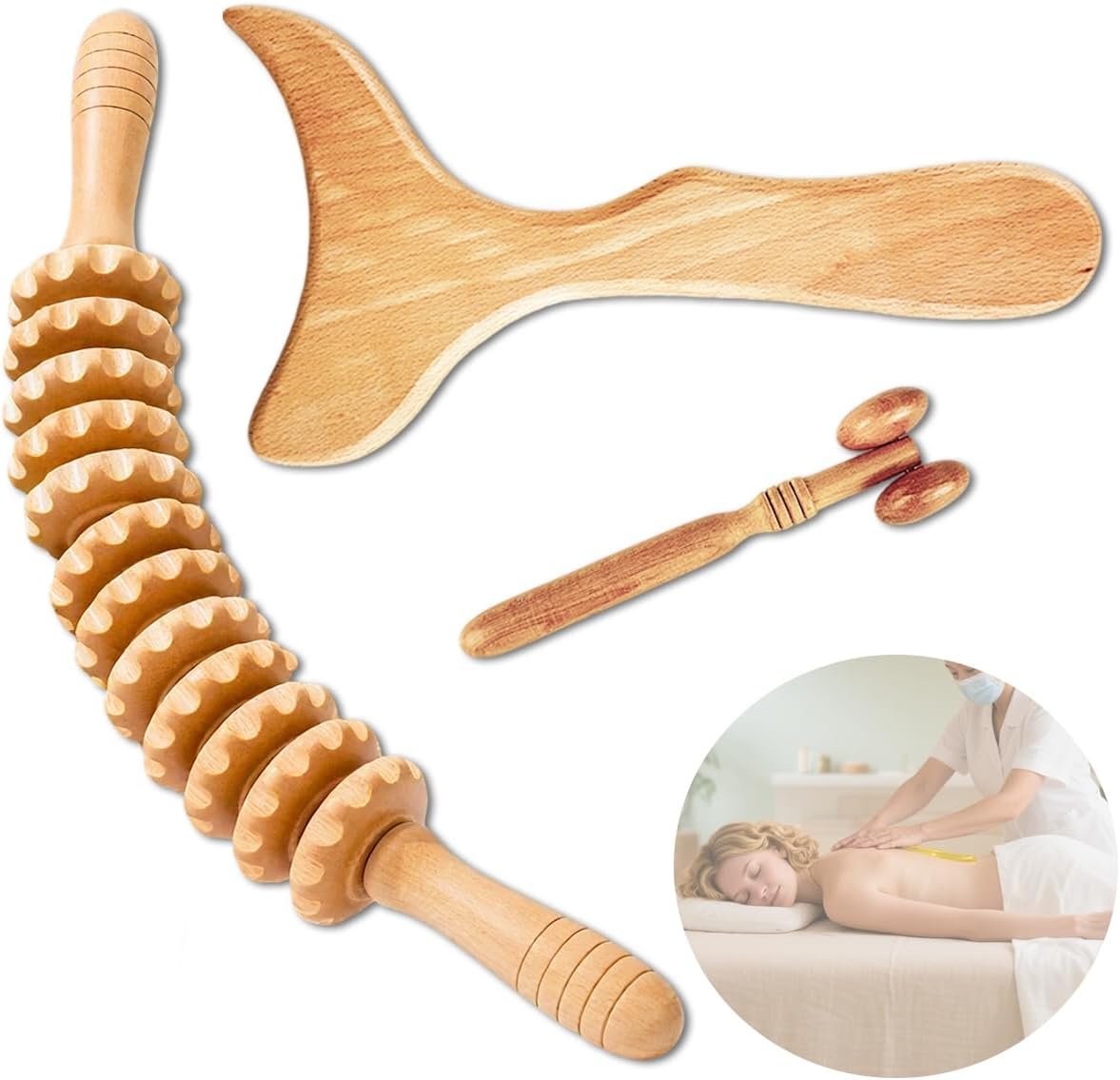 3 Piece Wood Therapy Massage Tool Set,Wooden Massage Roller Tool,Wooden Lymphatic Drainage Tool Set,Suitable for Relieving Muscle Pain,Lymphatic Drainage...