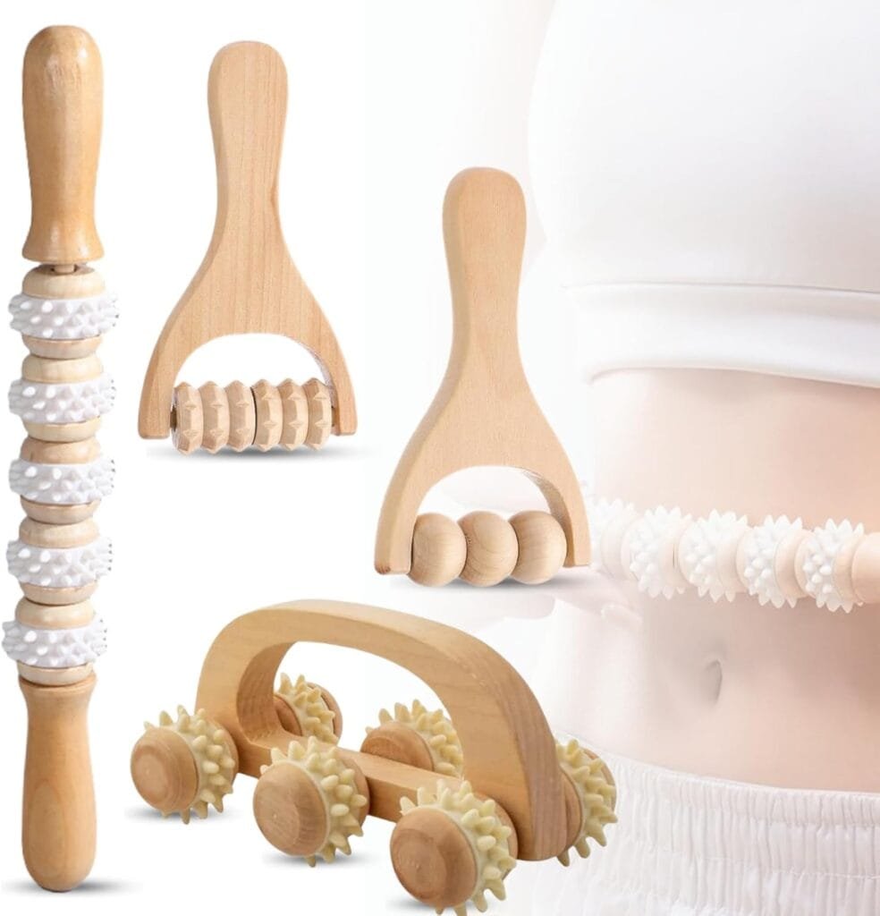 4 Pack Wood Therapy Massage Tools Handheld Wooden Body Massager Back Massage Muscle Roller Tool Neck Shoulder Arms Legs for Body Stress Relief