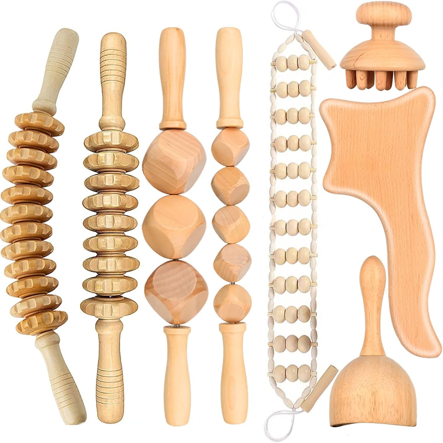 8PCS Wood Therapy Massage Tools, Wooden Roller for Anti-Cellulite and Full Body Muscle Pain Relief, Gua Sha Roller