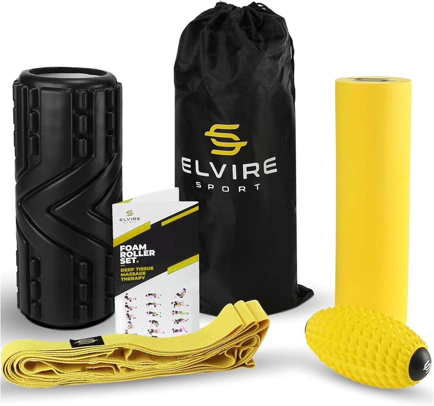 Elvire Foam Roller Set 5-in-1 Deep Tissue Massage Roller, Back Oval Ball, Stretching Equipment Band, Relieves Pain- Back, Foot, Legs, Neck, Exercise Yoga...