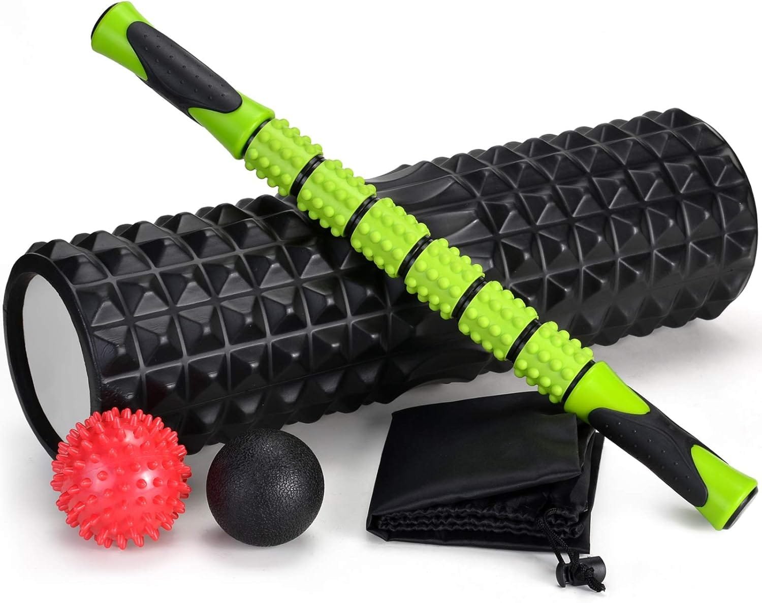 Odoland Foam Roller, 5 in 1 Massage Roller, Foam Roller with Trigger Points + Muscle Roller Stick + Massage Balls + Carry Bag for Crossfit, Pilates