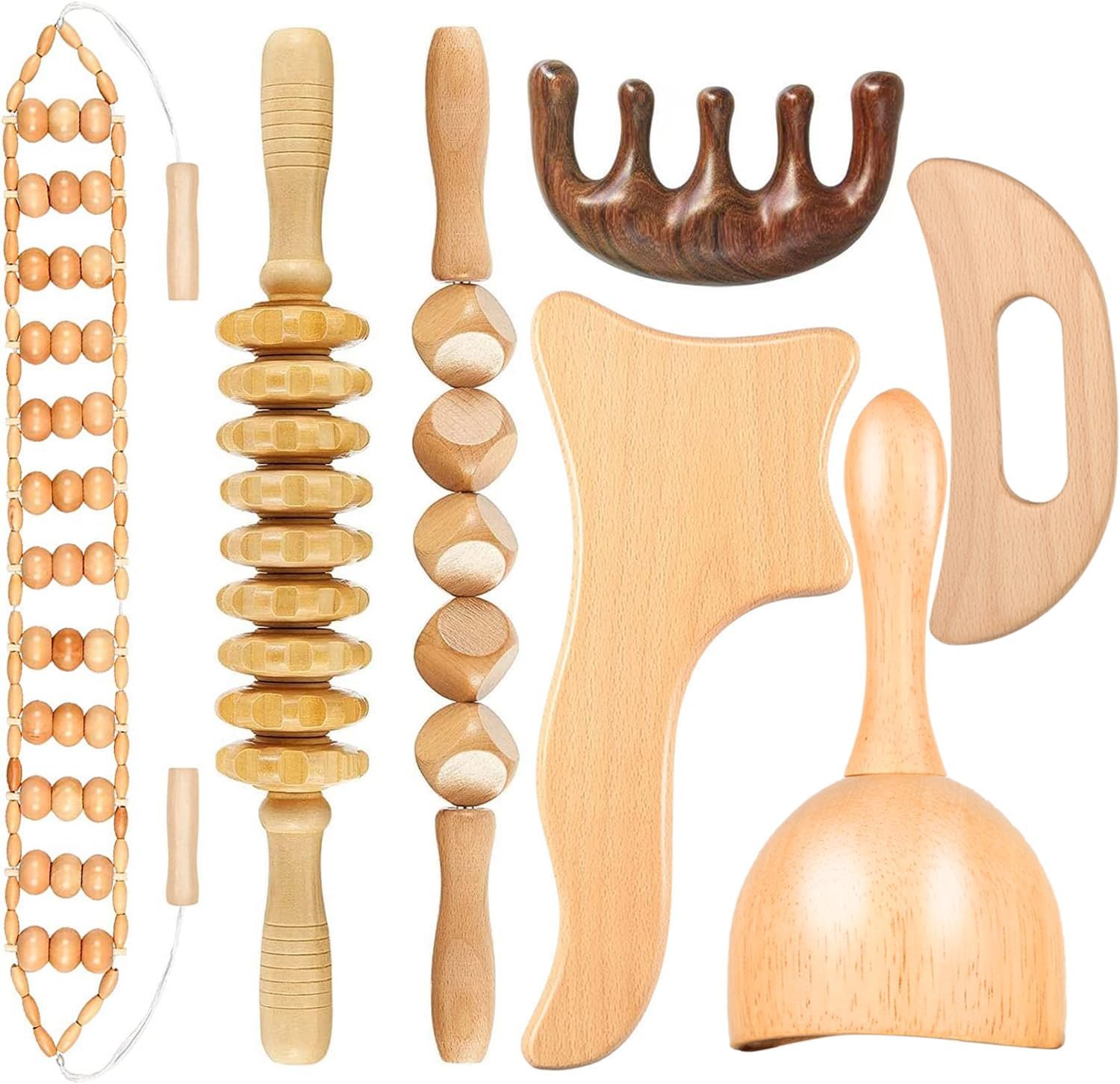 Wood Therapy Massage Tools for Body Contouring Shaping 7PCS Maderotherapy Kit with Lymphatic Drainage Massager, Pain Relief Wooden Body Sculpting Tools Roller