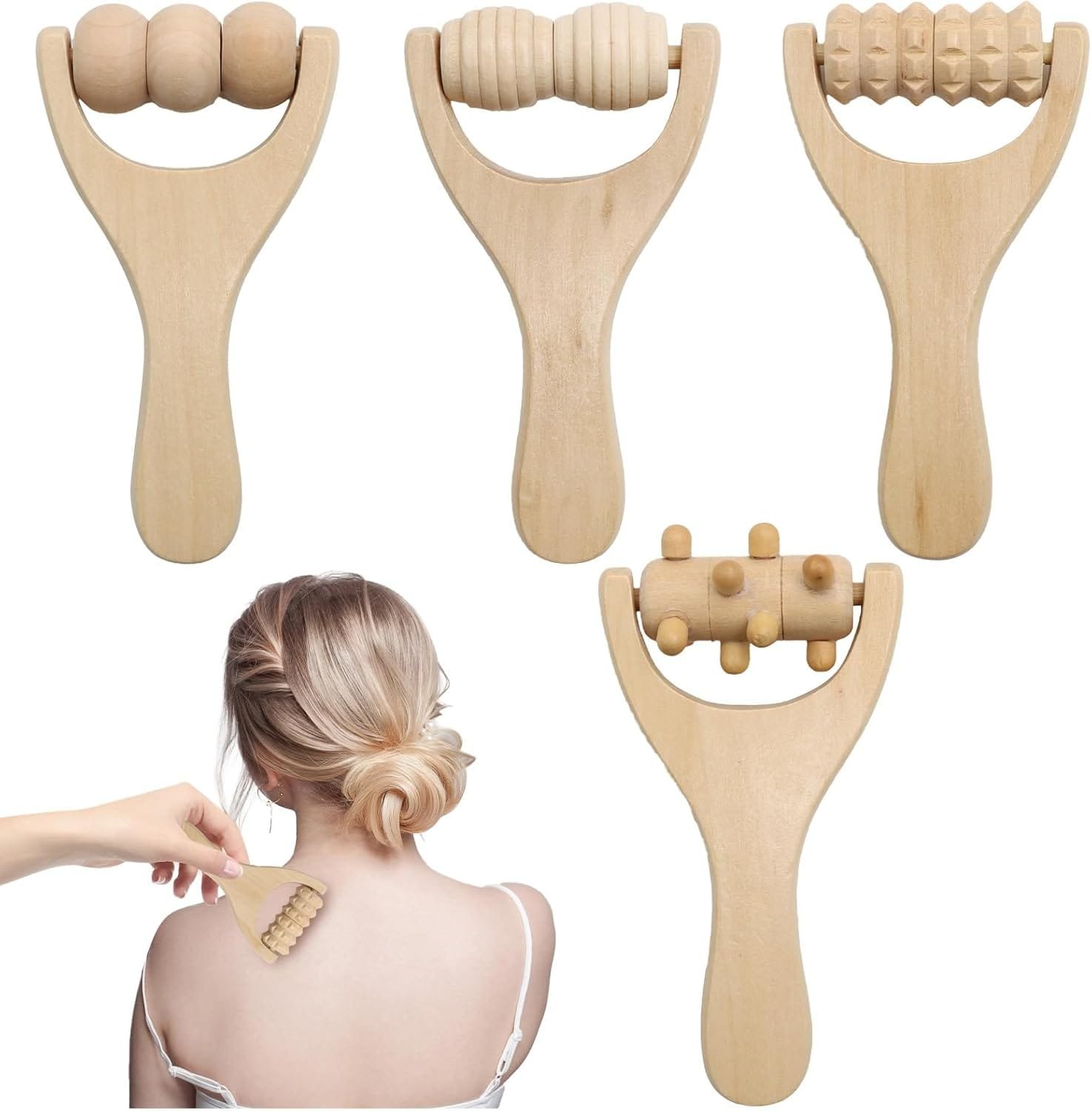 Wooden Massage Roller, 4 Pcs Manual Massage Tools, Back Massager Roller, Wooden Massager Roller for Abdomen, Neck, Hands and Legs, Relax Muscle