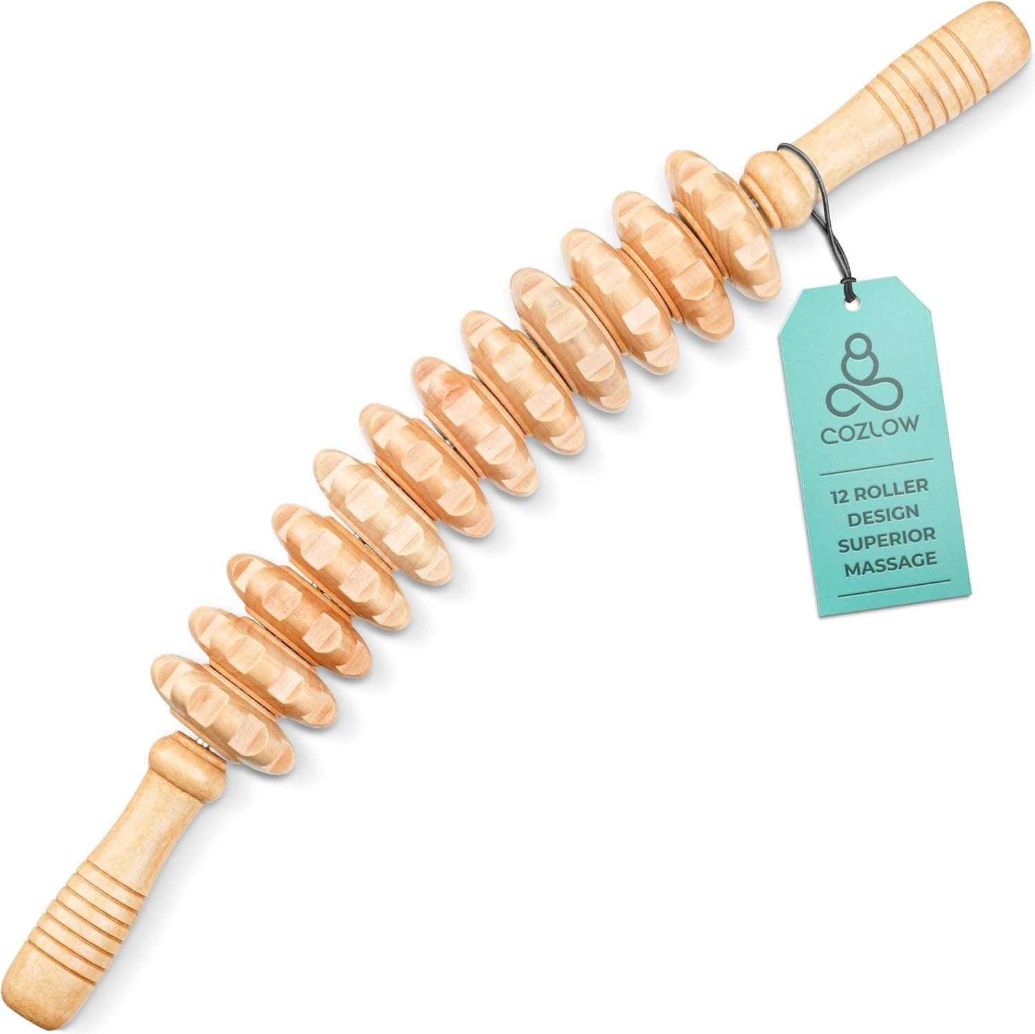 Wooden Massage Roller Stick - 12 Rollers - Curved Wood Therapy Massage Tool for Body Sculpting, Fascia Release & Lymphatic Drainage - by Cozlow