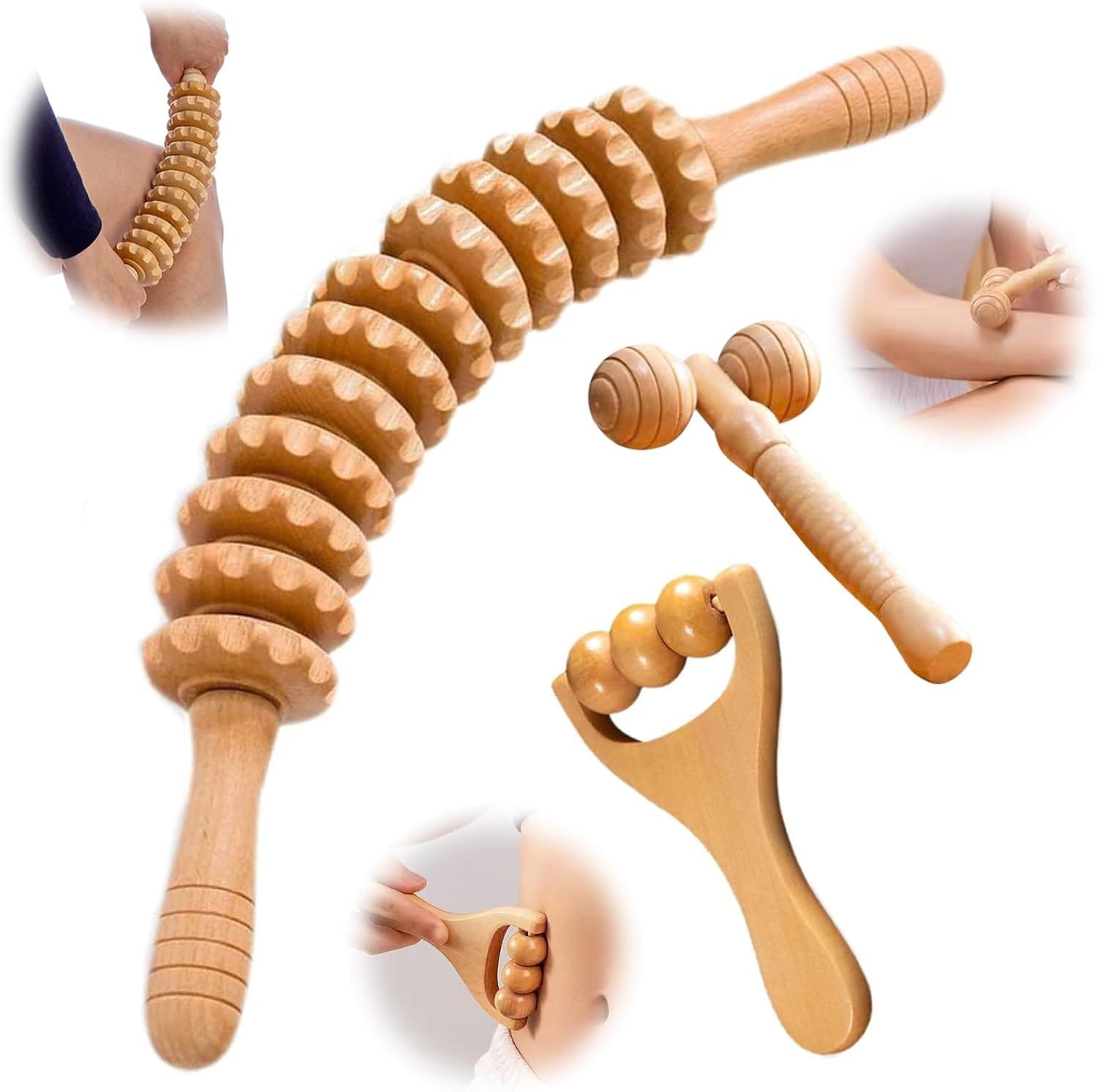 Wooden Massage Roller Stick – Lymphatic Drainage Massager Tool for Legs & Thighs, Beech Wood Therapy Cellulite Roller for Body Sculpting, Muscle...