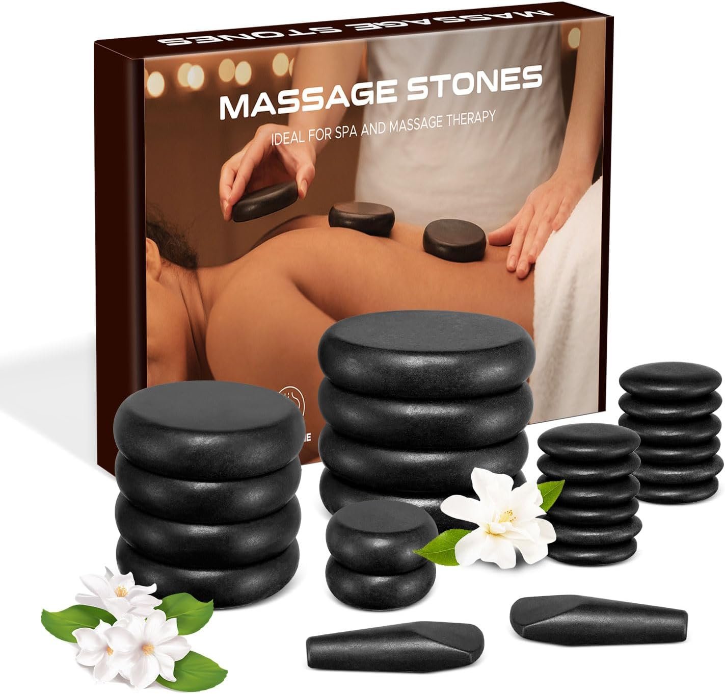 24Pcs Hot Stones Massage Kit, Hot Rocks Basalt Massage Stones for Home Spa Warming Therapy Relaxing