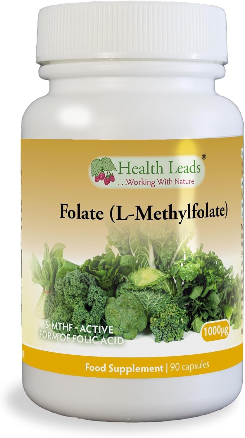 Folate (L-Methylfolate) 1000μg x 90 Capsules, 5-MTHF Active Form of Folic Acid/Vitamin B9, Please See Our 400mcg Version for Pregnancy, Magnesium Stearate...