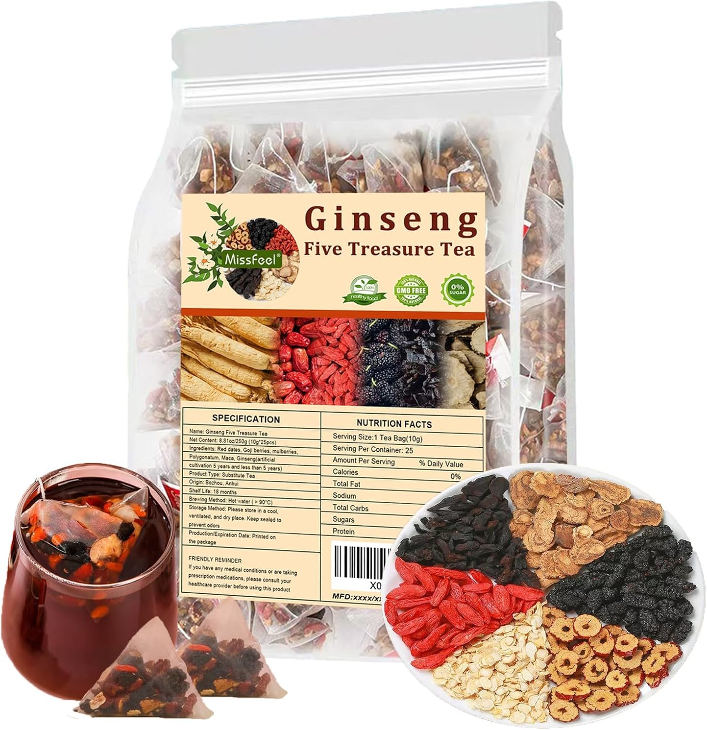 Ginseng Five Treasure Tea, Kidney Tea Formula Ginseng Six Treasure, Natural kidney Detox tea for Men&Women, Organic Chinese Herbal, 6 Precious...