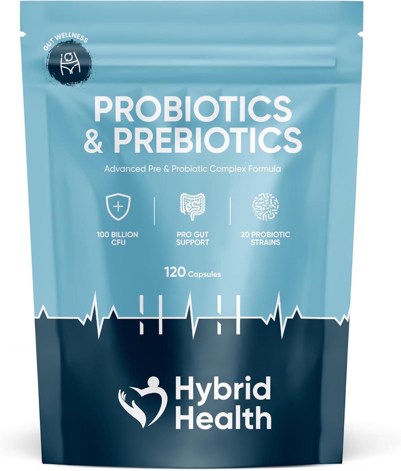 Hybrid Health Probiotics & Prebiotics Complex | 120 Vegan Capsules | 100 Billion CFU | Advanced Strength Probiotics with 20 Diverse Strains