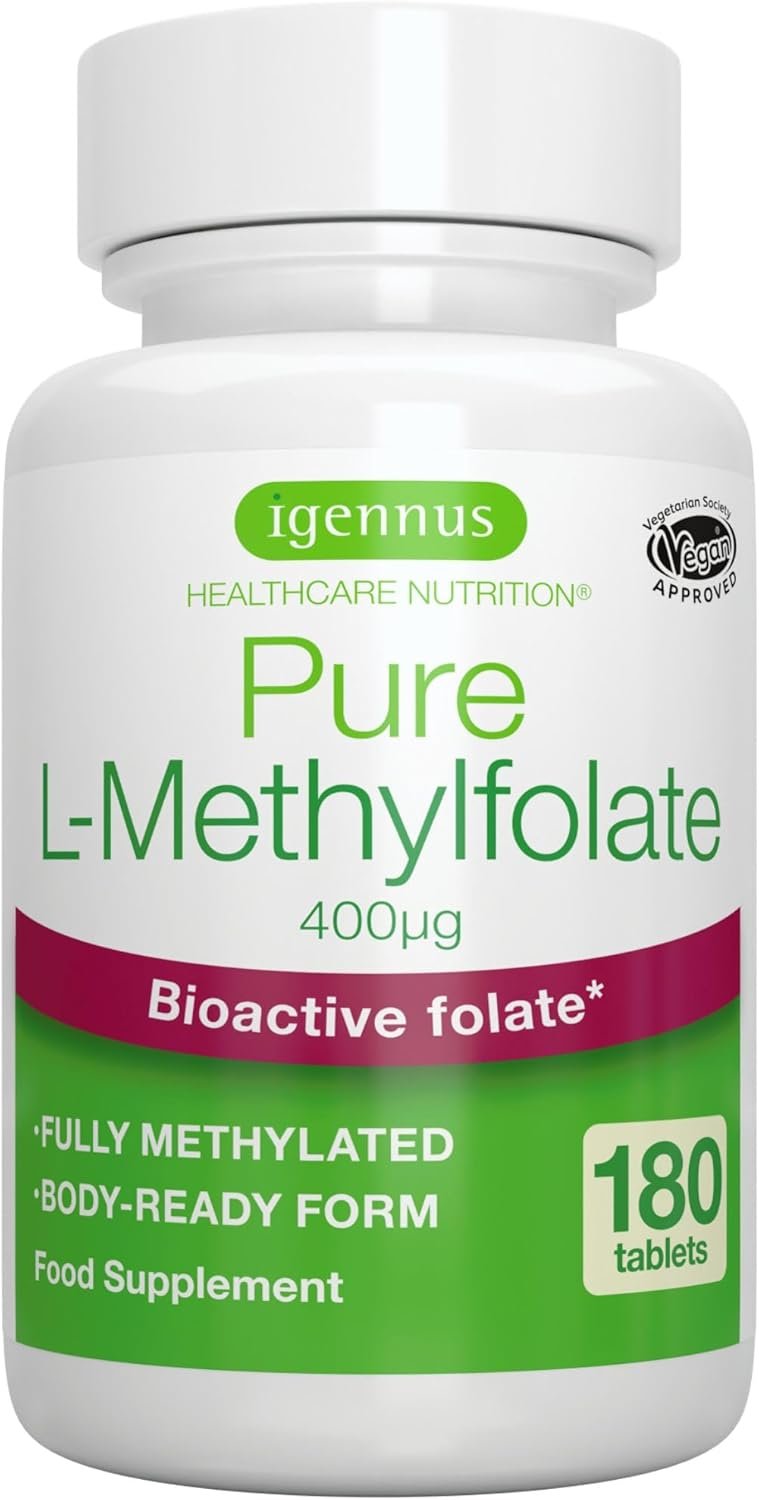 Igennus Clean Methyl Folate 400 mcg, 180 Tablets, Methylated Form of Folic Acid 5-MTHF (Vitamin B9), Vegan, Suitable for Pregnancy, Pure Formula, One-a-Day