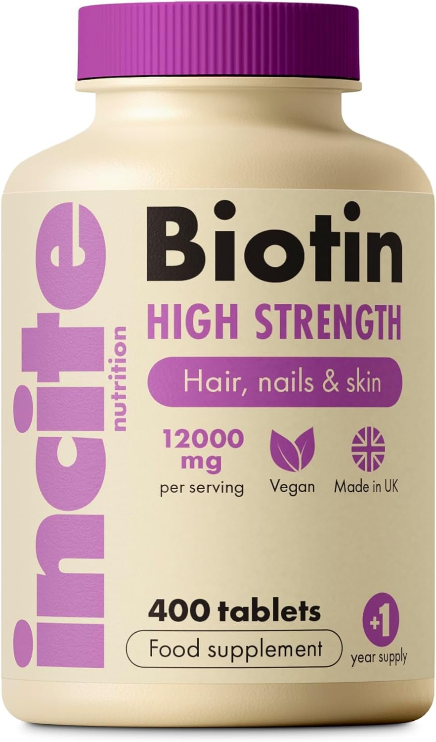Incite Nutrition Biotin Hair Growth Support Supplement 12,000mcg - 400 Tiny 6mm Tablets (Full Year Plus Supply) - for Men & Women