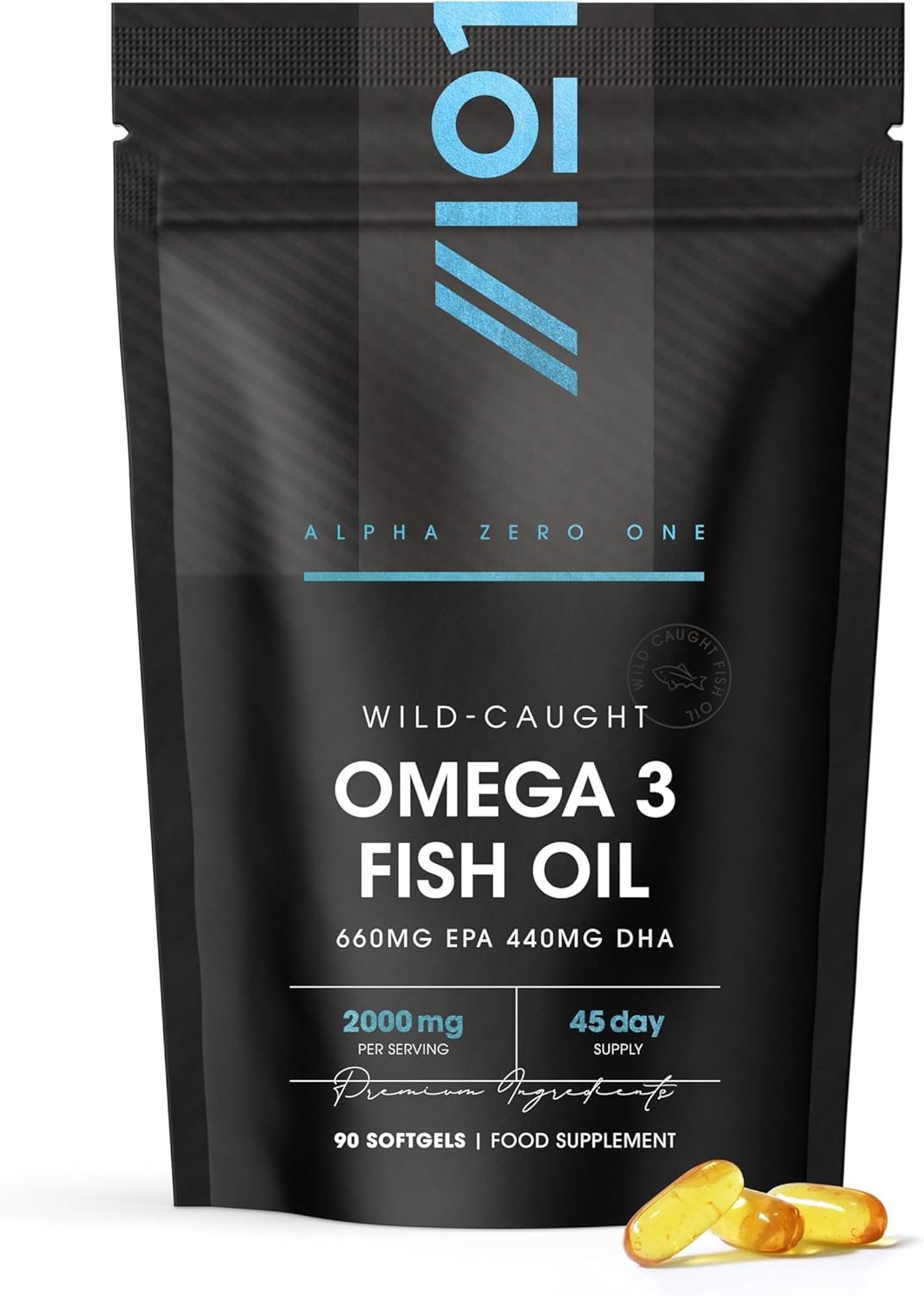 Omega 3 Wild-Caught Fish Oil 2000mg - 660mg EPA 440mg DHA - 90 Softgels - No Additives — Resealable and Recyclable Pouch by Alpha01