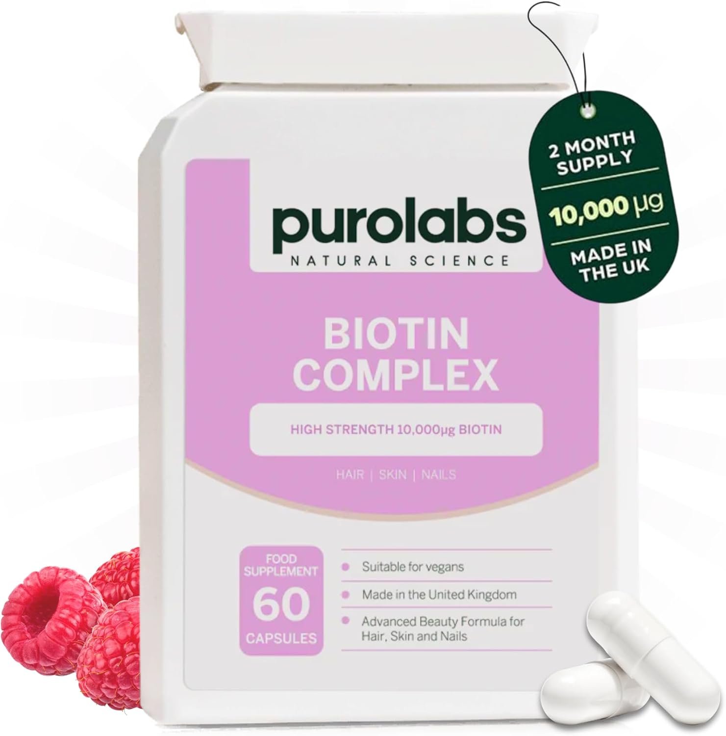 Purolabs Biotin Hair Growth Supplement 10,000μg - Hair Vitamins for Men & Women - Vitamin B7 Tablets for Skin & Nails with Zinc & Selenium - 60...