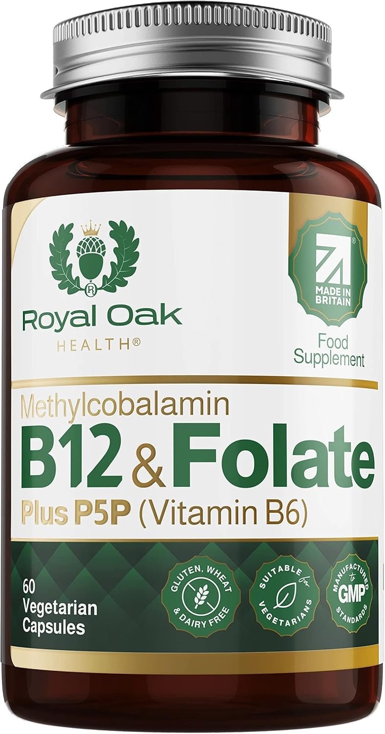 Royal Oak Health Vitamin B12 & Methyl Folate Supplement with P5P Vitamin B6 (60 Capsules / 2 Month Supply) Active Form 400μg l-Methylfolate Folic Acid