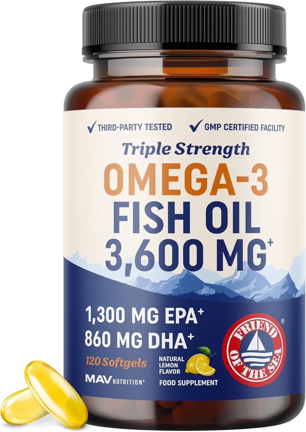 Triple Strength Omega 3 Fish Oil 3600 mg | EPA & DHA | Over 2100mg Omega-3 Fatty Acids | 1300mg EPA + 860mg DHA | Best Essential Fatty Acids | Premium...