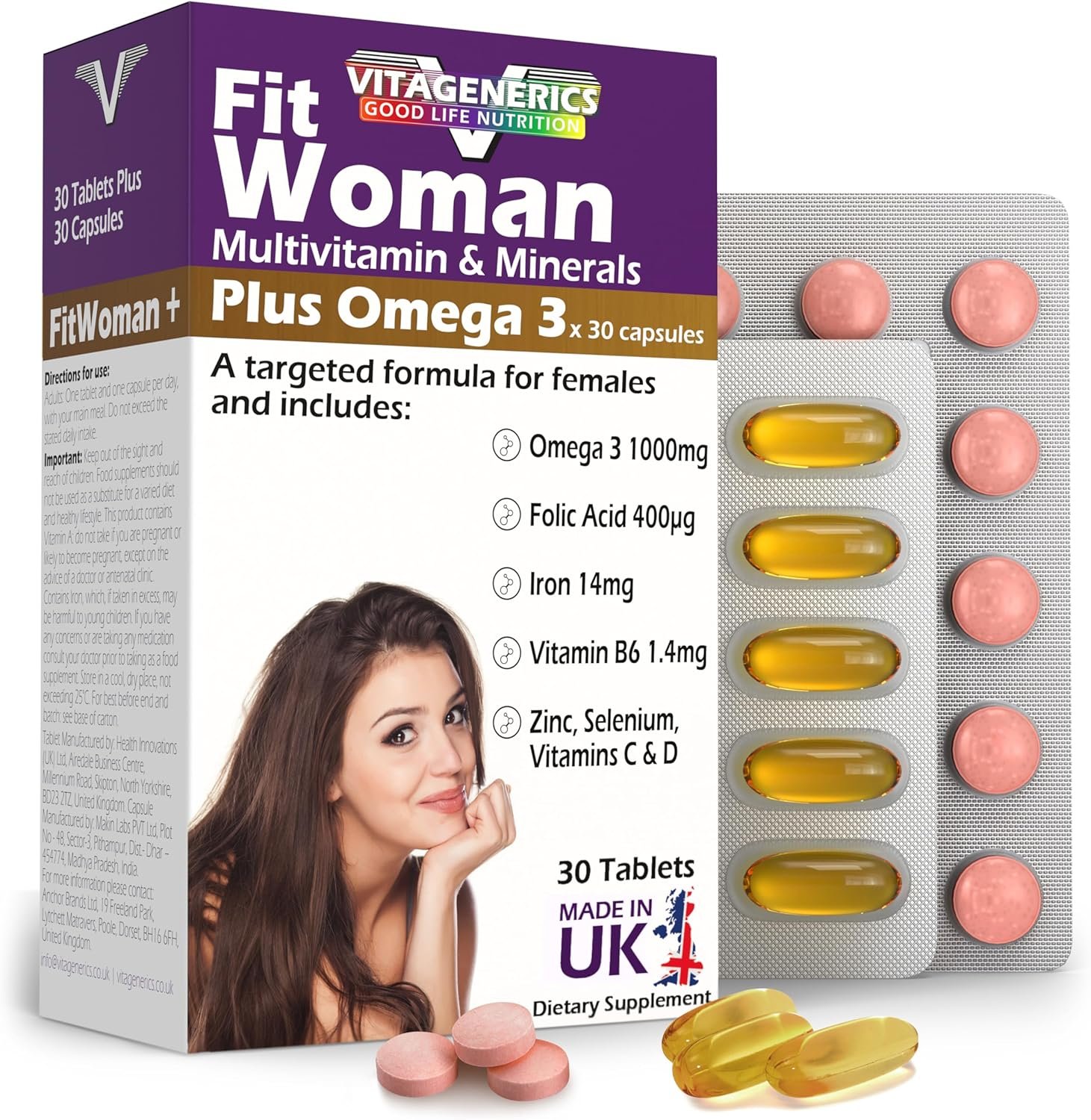 VITAGENERICS FitWoman High Strength Multivitamin & Minerals + Omega 3 | x30 Tablets, x30 Capsules | 1000mg Omega 3, Folic Acid, Iron, Zinc, Selenium,...