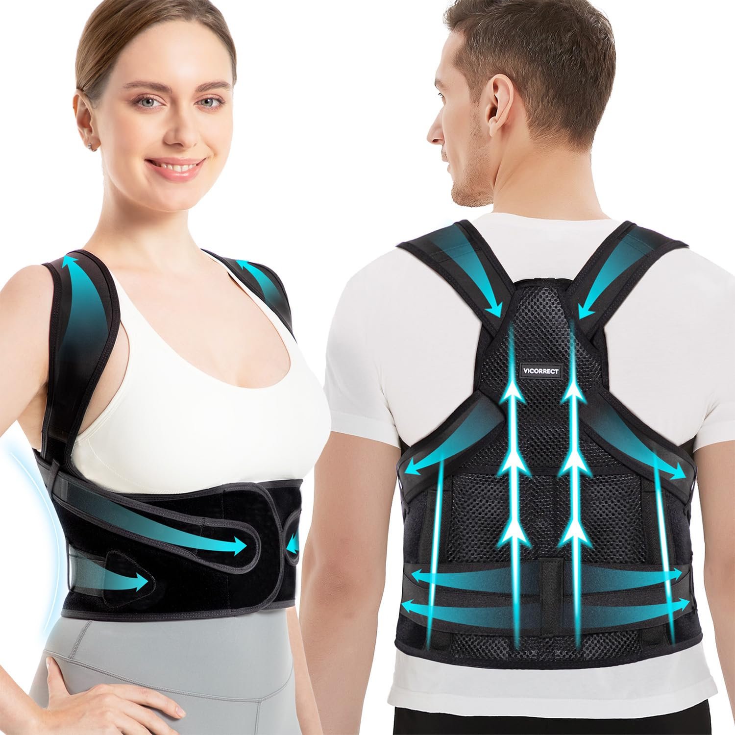 Vicorrect Posture Corrector for Women and Men: Back Support Brace Relieve Upper Back Shoulders Pain (Black, Medium)