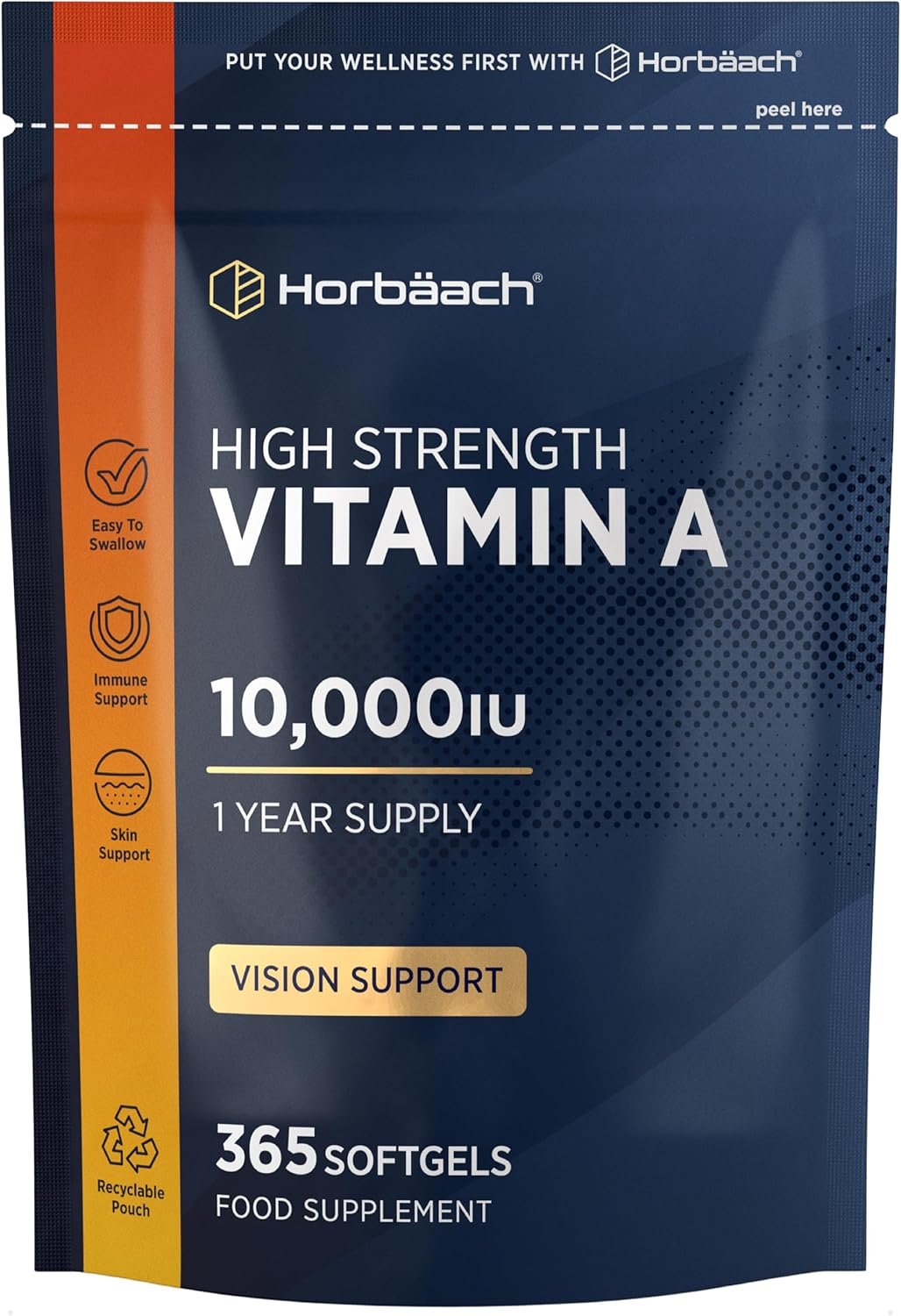 Vitamin A Supplement 10,000iu | 365 Count (1 Year Supply) | High Strength Vitamin A 3000ug as Retinyl Palmitate | Tablet Alternative for Adults | by Horbaach