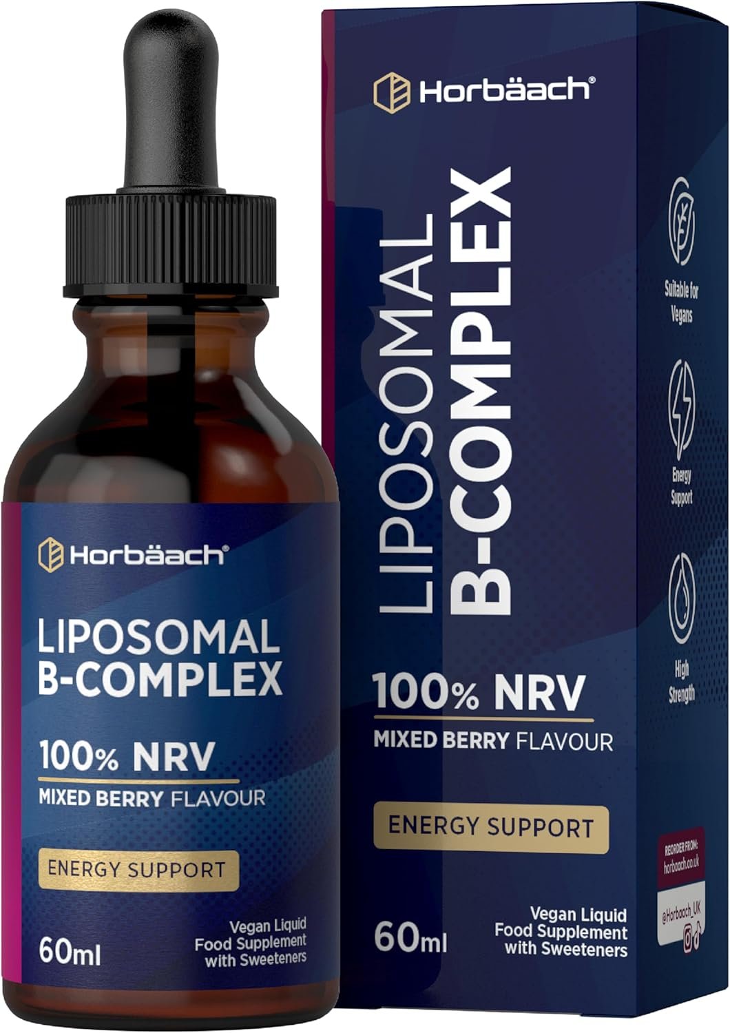 Vitamin B Complex Liquid Drops | 60mL | 100% NRV High Strength Liposomal B Complex Liquid with 8 B Vitamins | Berry Flavour | Vegan | by Horbaach