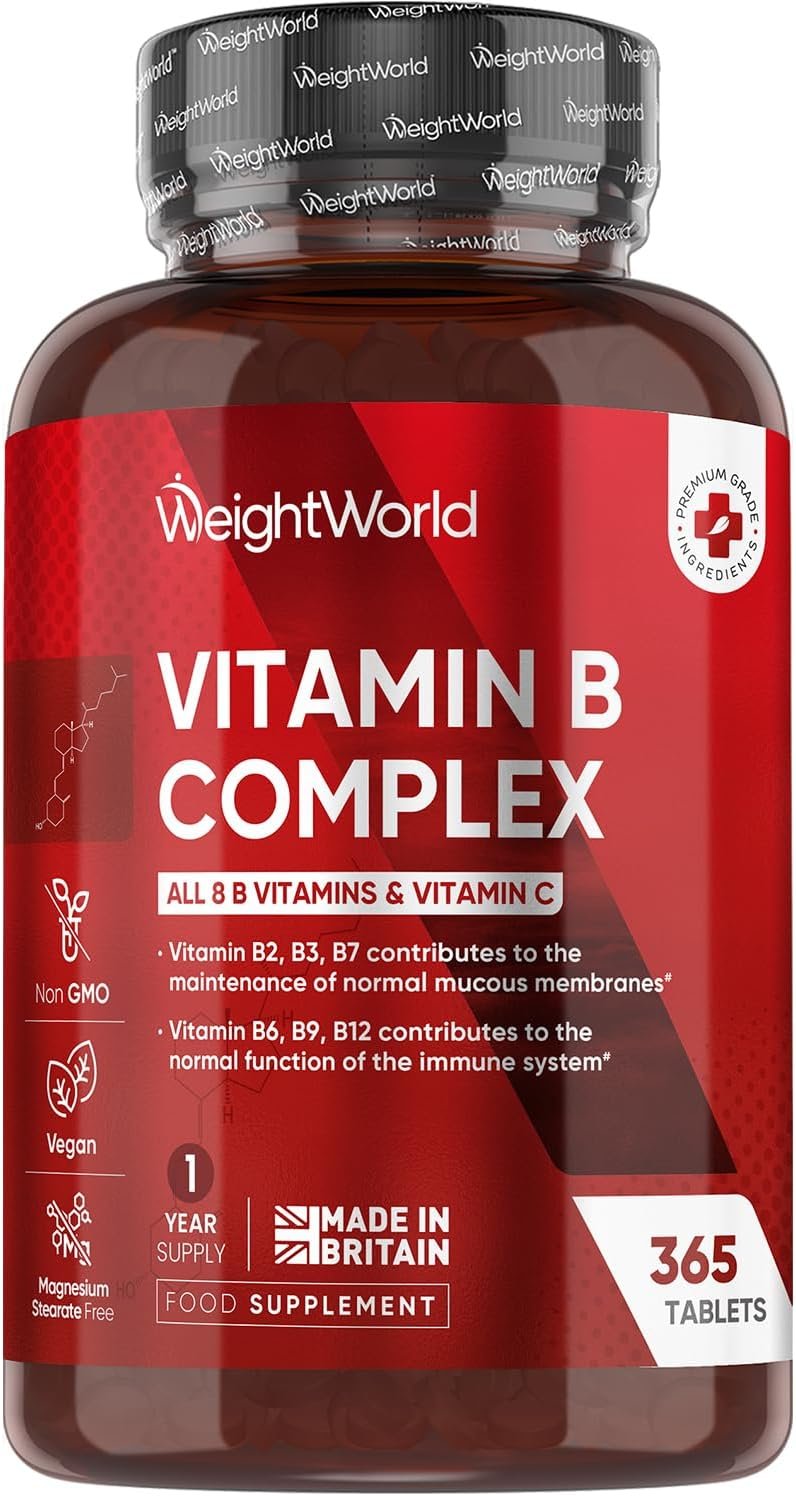 Vitamin B Complex Supplement - 365 Tablets - 1 Year Supply - with All 8 B Vitamins & C - 1 Tablet-a-Day - Non-GMO, Gluten-Free & Vegan-Friendly