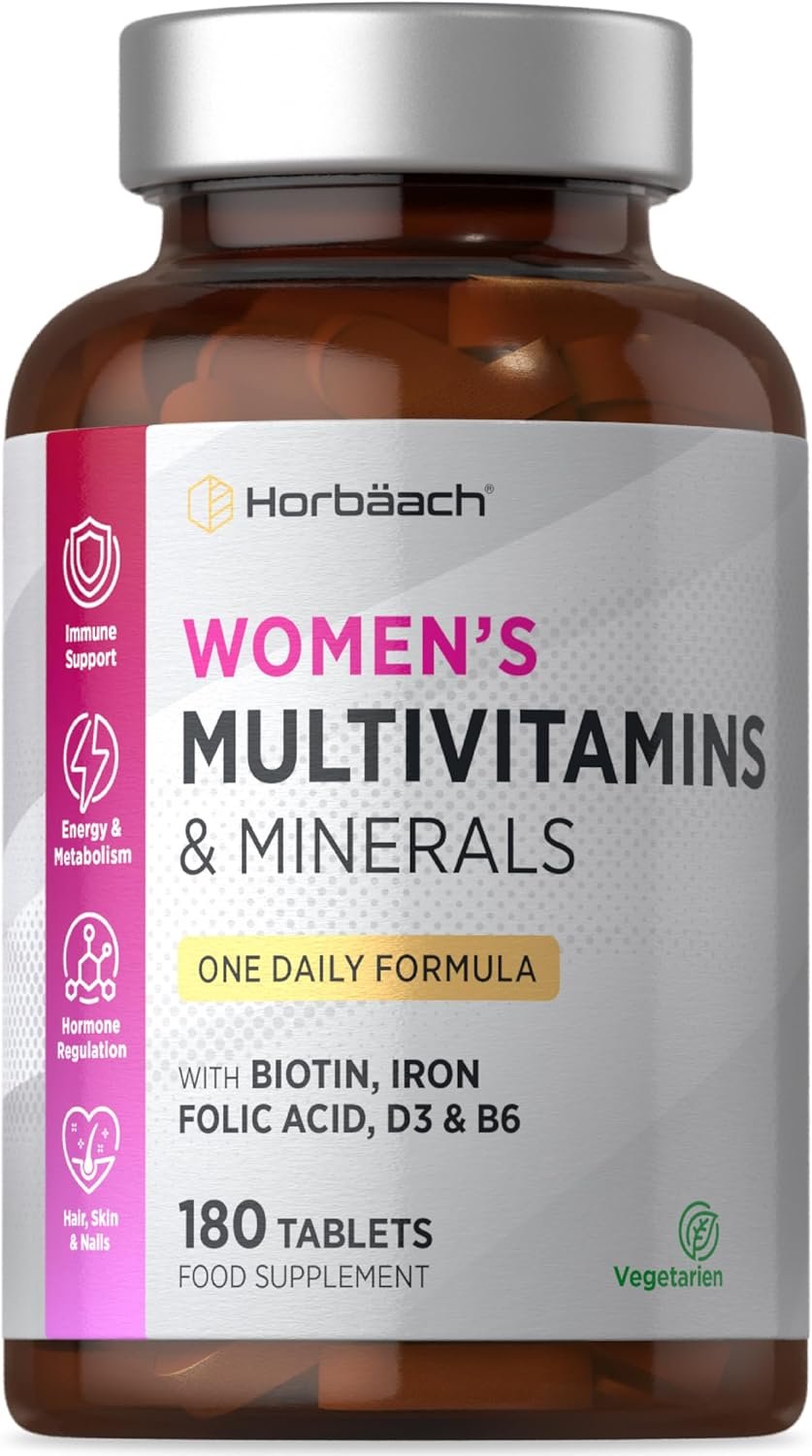 Womens Multivitamins and Minerals | with Iron, Calcium, Biotin, Folic Acid, Vitamins D3, B3, B6 & B5 | 180 Vegetarian Tablets | by Horbaach
