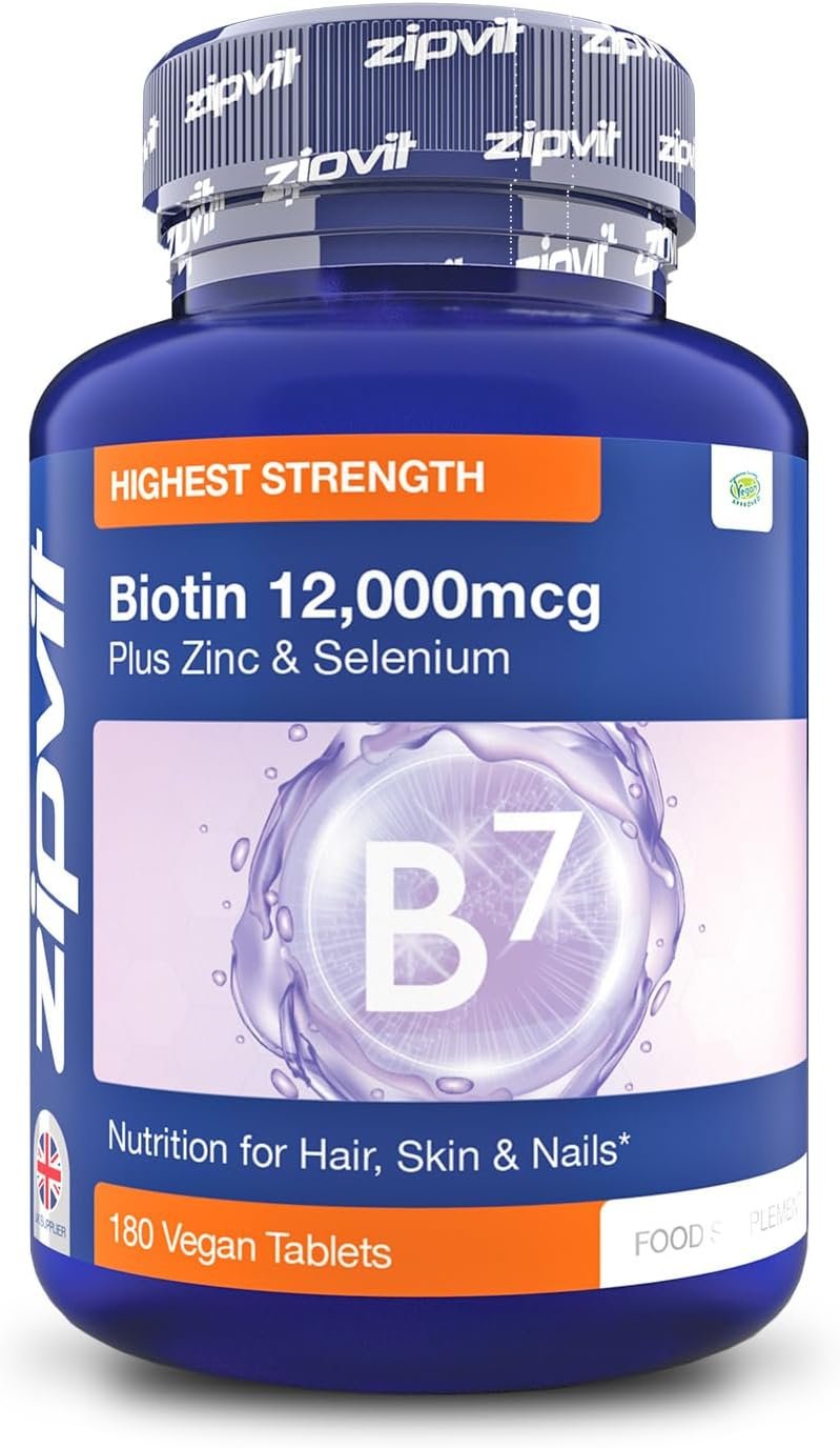 Zipvit Biotin Hair Skin & Nails Complex with Zinc & Selenium 12000mcg, 180 Vegan Tablets, High Strength Biotin for Men and Women