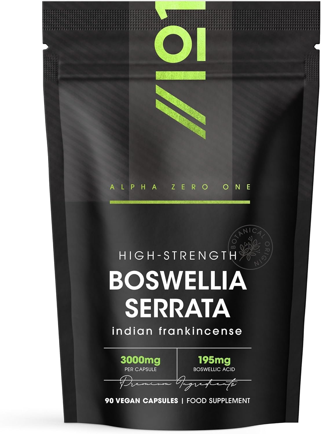Boswellia Serrata Extract 3000mg – 65% Boswellic Acid (150mg per Capsule) - 90 Capsules (3 Months Supply) – Resealable and Recyclable Pouch by Alpha01