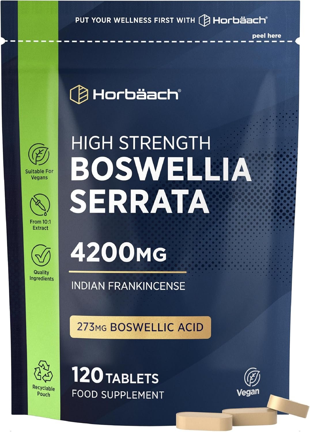 Boswellia Serrata Extract 4200mg | 65% (273mg) Boswellic Acid | 120 Vegan Tablets | Indian Frankincense Supplement | by Horbaach