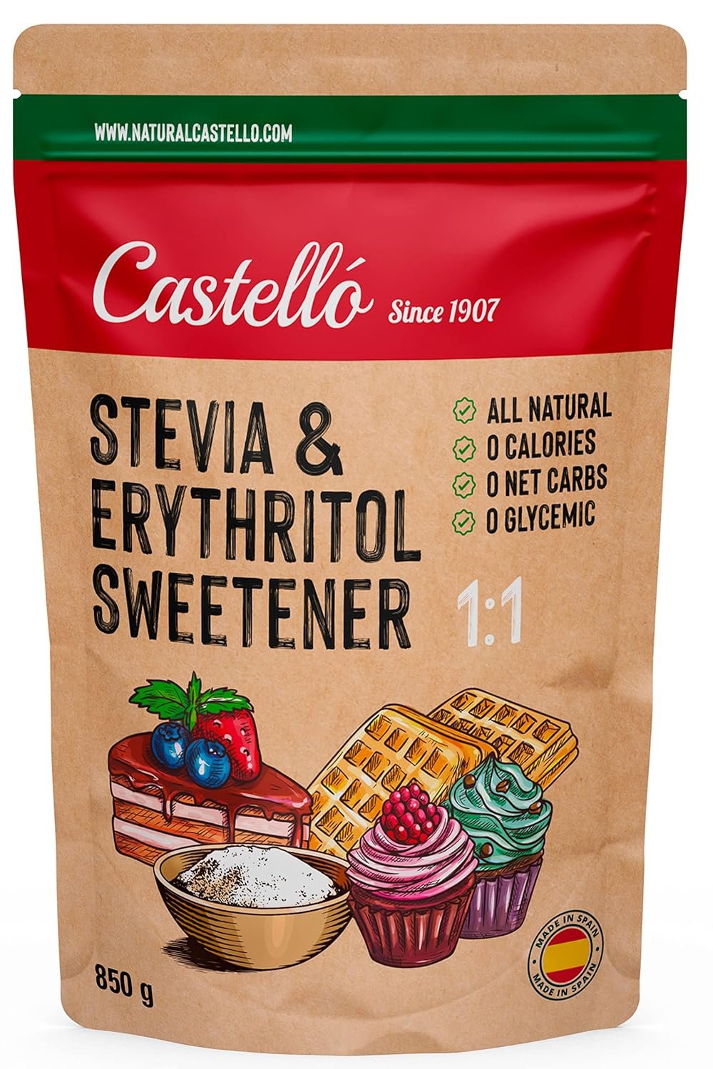 Castello since 1907 Stevia + Erythritol 1:1 Sweetener | 1g = 1g of sugar | 100% Natural taste Sugar Substitute - 0 Calories - 0 Glycemic Index - Keto and...