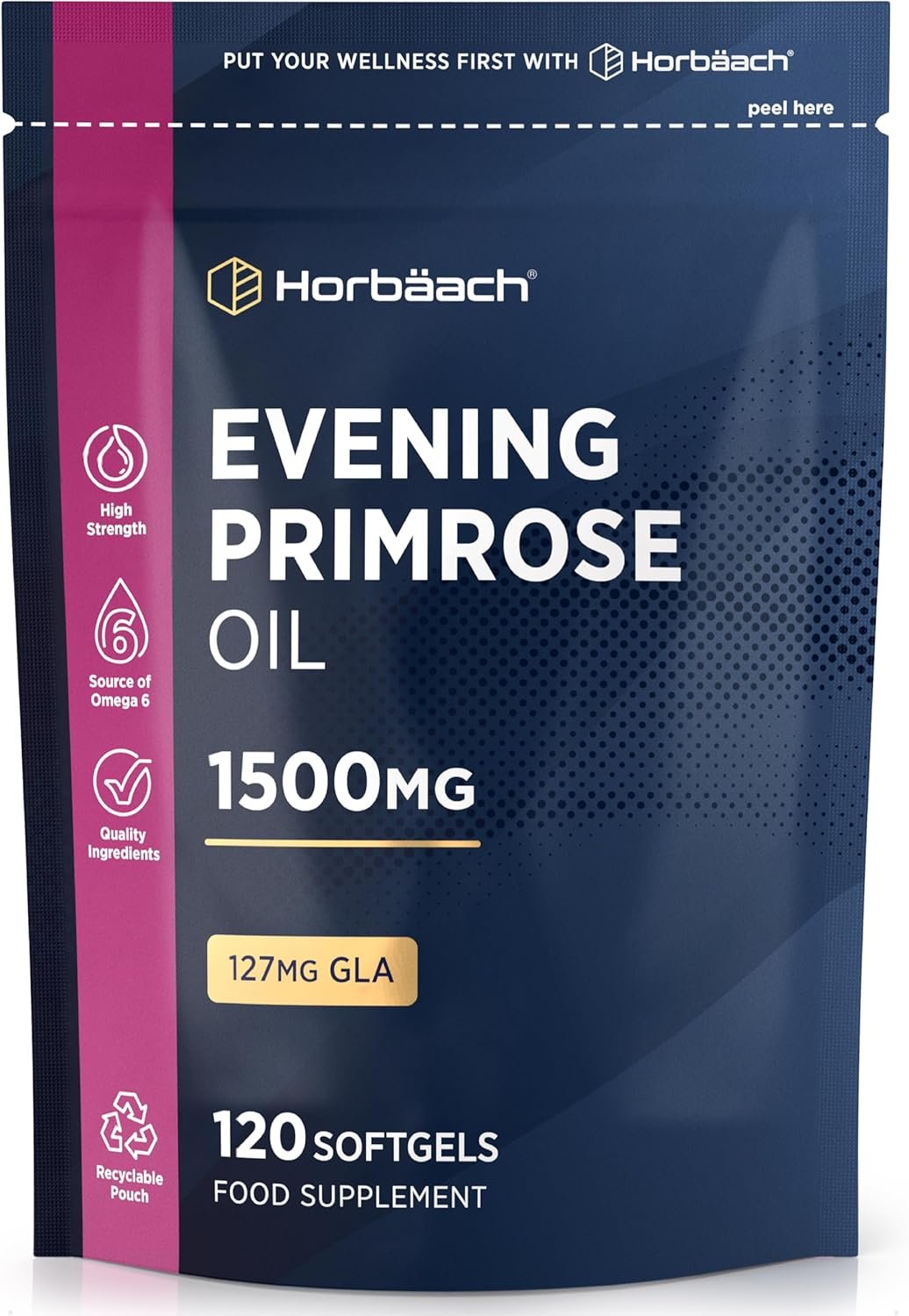 Evening Primrose Oil 1500mg | High Strength with Omega 6 and GLA | Cold-Pressed | 120 Softgel Capsules | by Horbaach